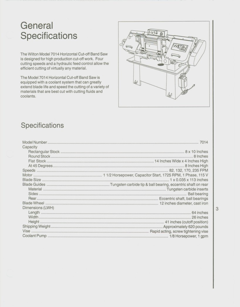 Wilton Model 7014 Horizontal Band Saw Operator & Parts List *331
