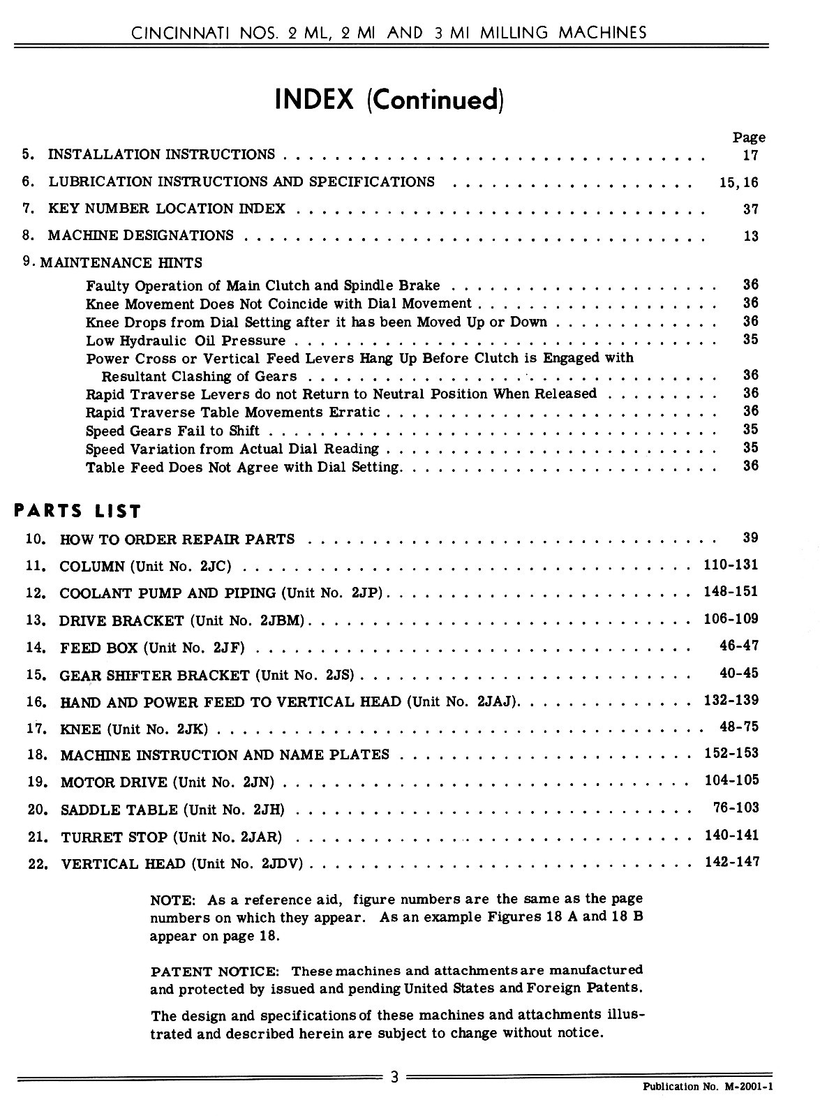 Cincinnati Nos. 2ML, 2MI & 3MI Milling Machines LL Service & Parts Manual 1155