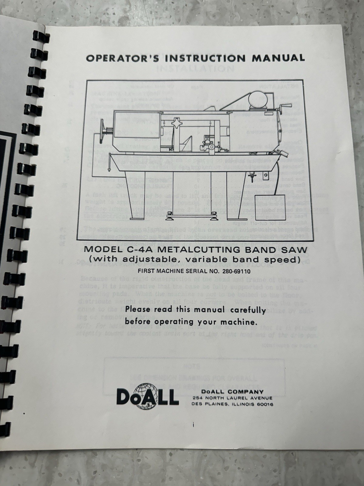 DoAll Metalcutting Bandsaw Machine Model C-4A Operators Manual