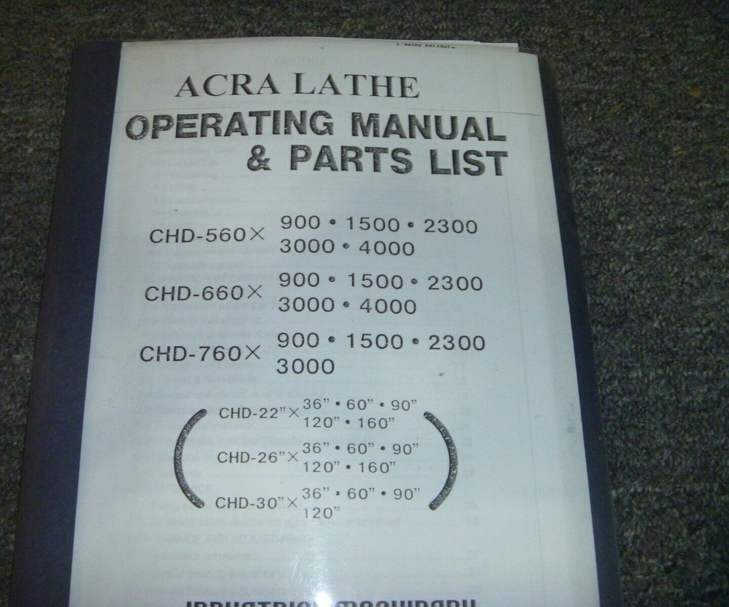 Acra CHD-660 x 900 1500 2300 3000 4000 Lathe Parts List & Owner Operator Manual
