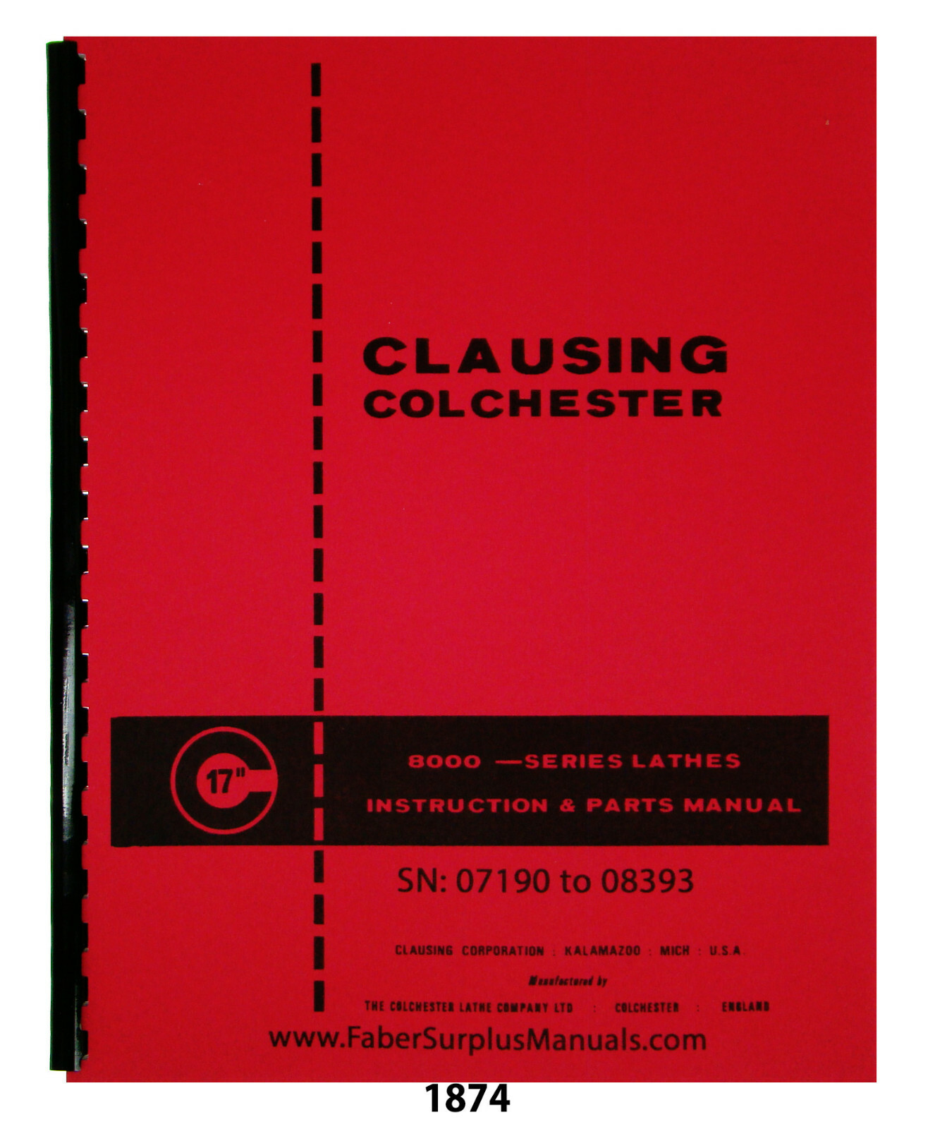 Clausing Colchester 17″ 8000 Ser Lathe sn:07190-08393 Instruct-Part Manual #1874