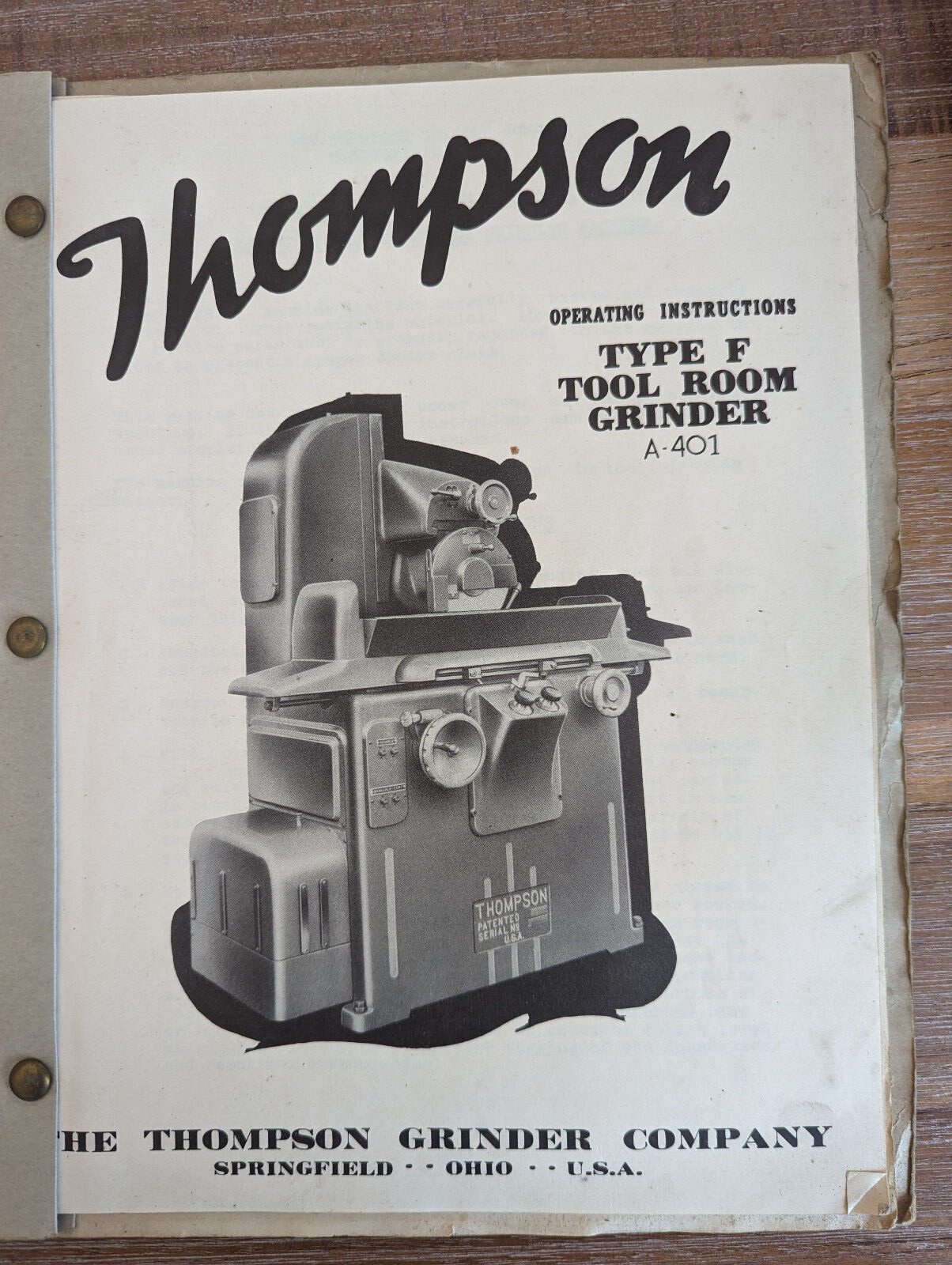 Thompson Grinder Co. Type F Tool Room Grinder A-401 Manual