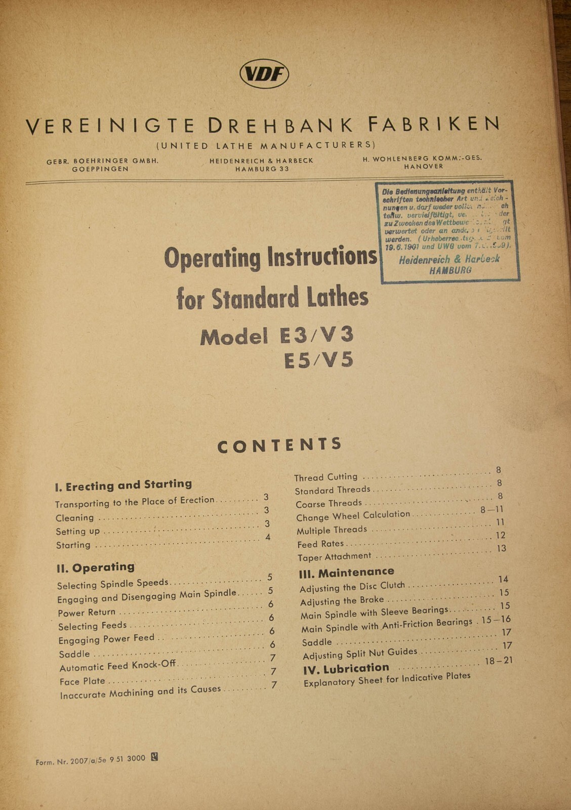 VDF Heidenreich & Harbeck E3 V3 E5 V5 Metal Lathes Owners Instructions Manual
