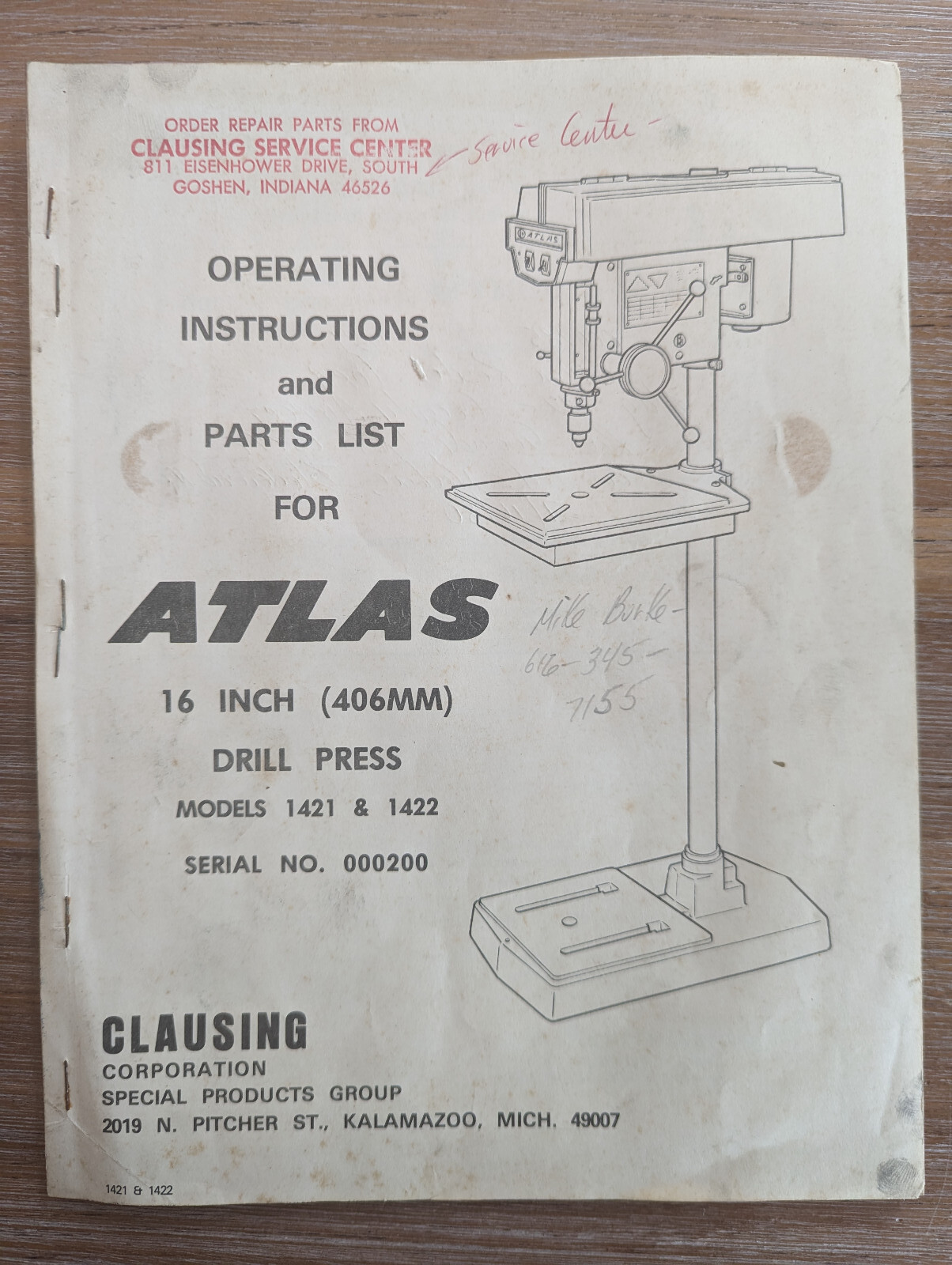 Atlas Clausing 16 inch Drill Press Manual and Parts List