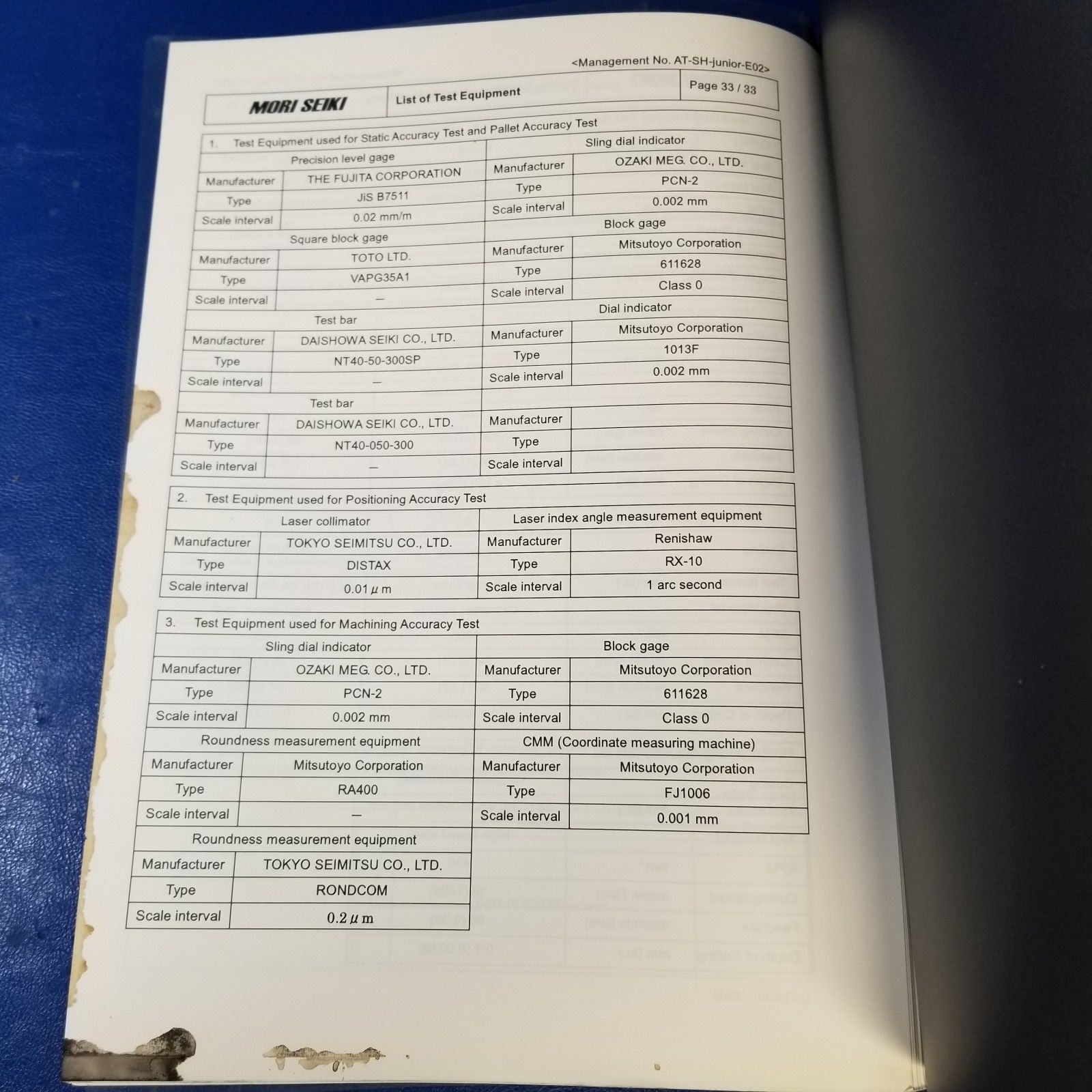 Mori Seiki SH-JR Accuracy Test Results Manual Model SH-JRCD0107 2003 Full Conten
