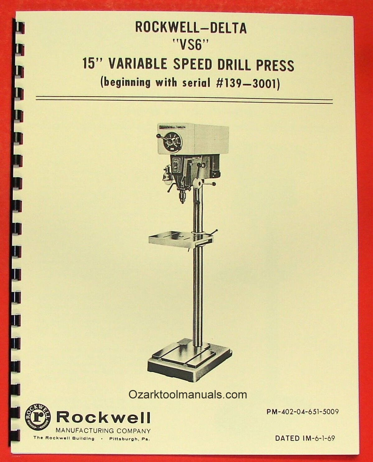 ROCKWELL-DELTA 15″ VS6 Variable Speed Drill Press New Owner’s Parts Manual 0637