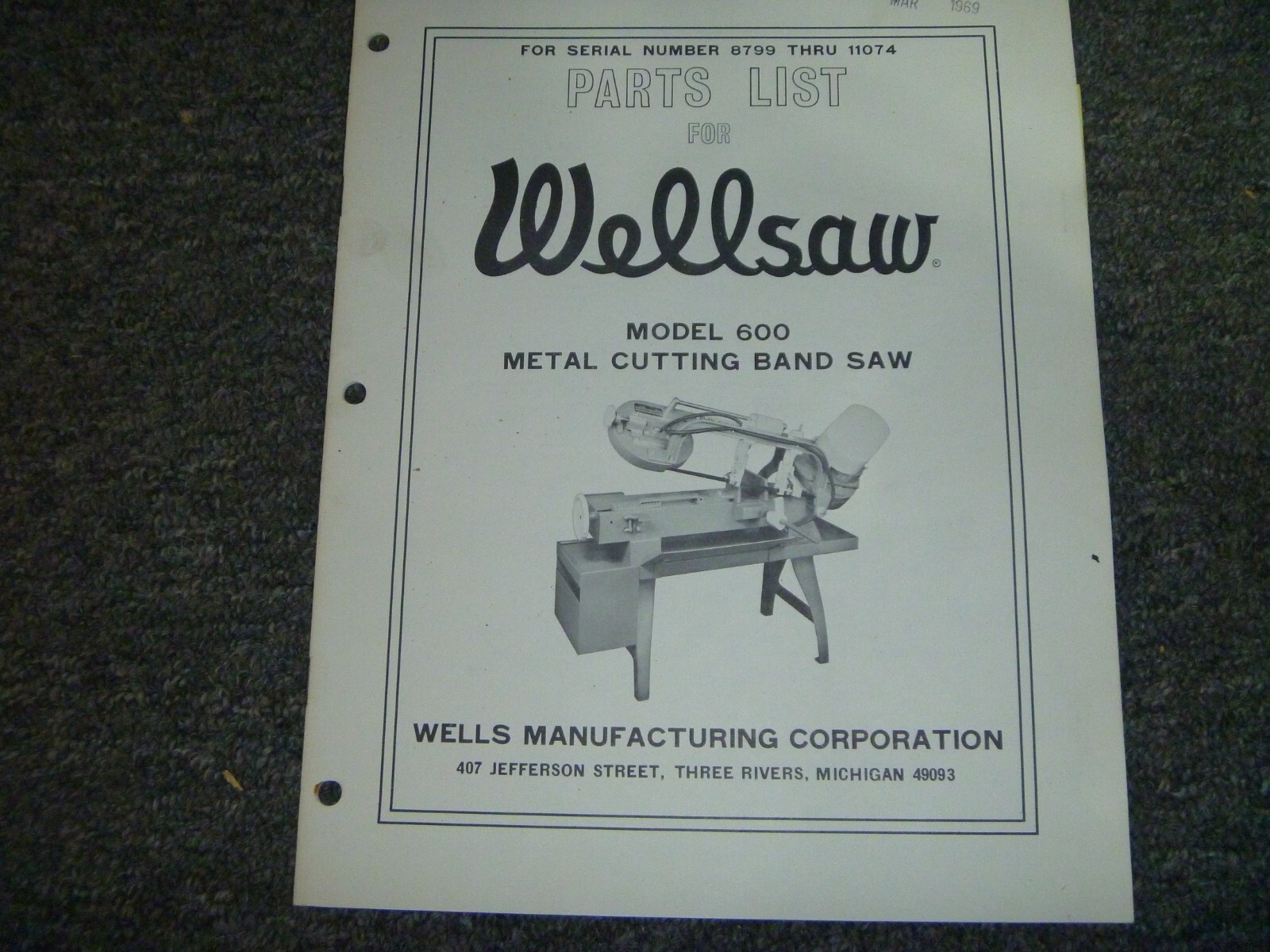 Wellsaw 600 Metal Cutting Band Saw Parts Catalog Manual List