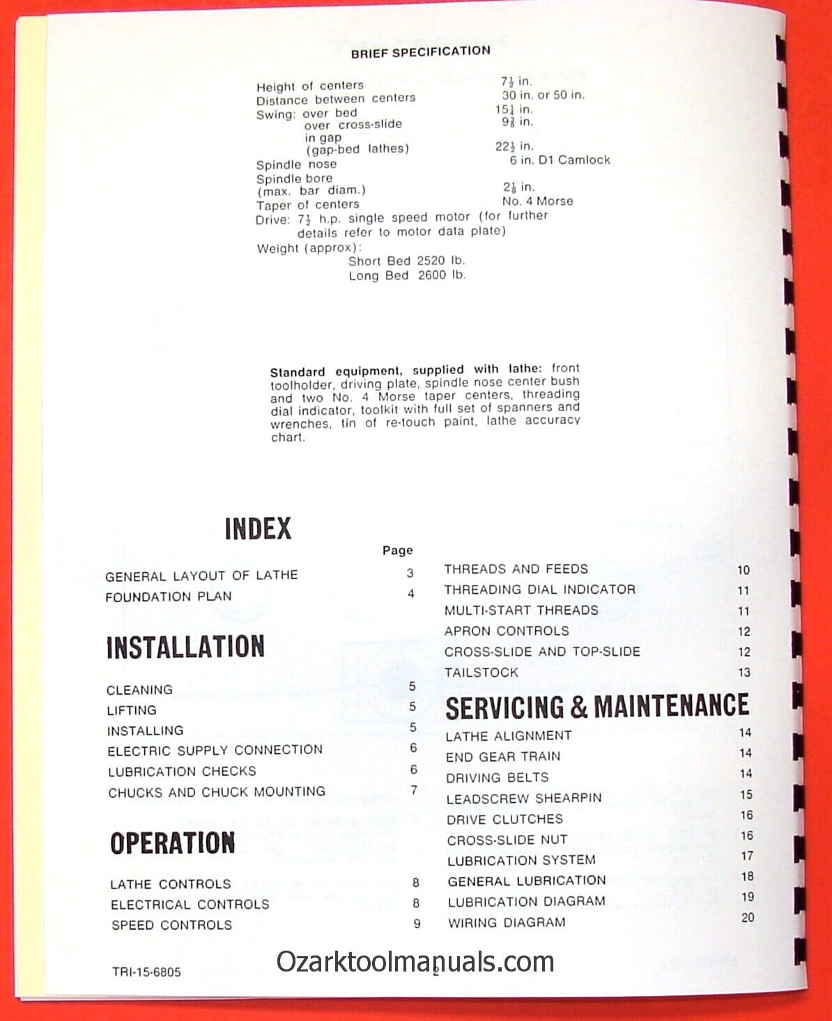 CLAUSING Colchester 15″ 8000 Series Metal Lathe Operating & Parts Manual 0152