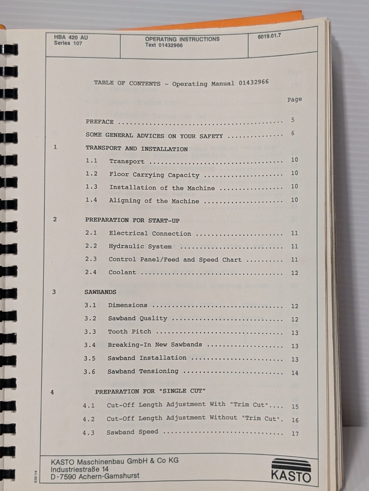Vintage Kasto HBA-420-AU Series 107 CNC Bandsaw Operating Instructions Manual