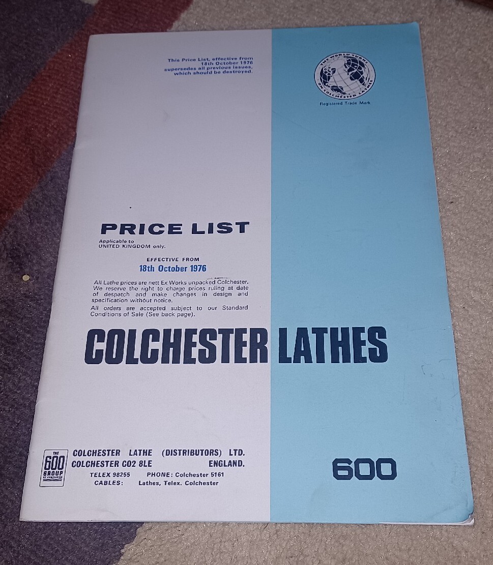 Colchester Lathes October 1976 Price List THE 600 GROUP Book Catalog ORIGINAL