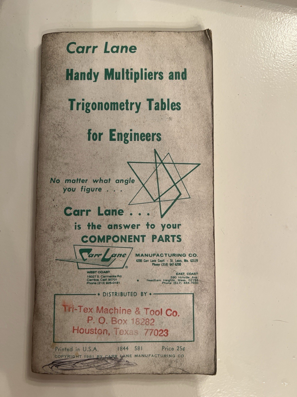 Vintage Carr Lane Handy Multipliers And Trigonometry Tables For Engineers / 1985