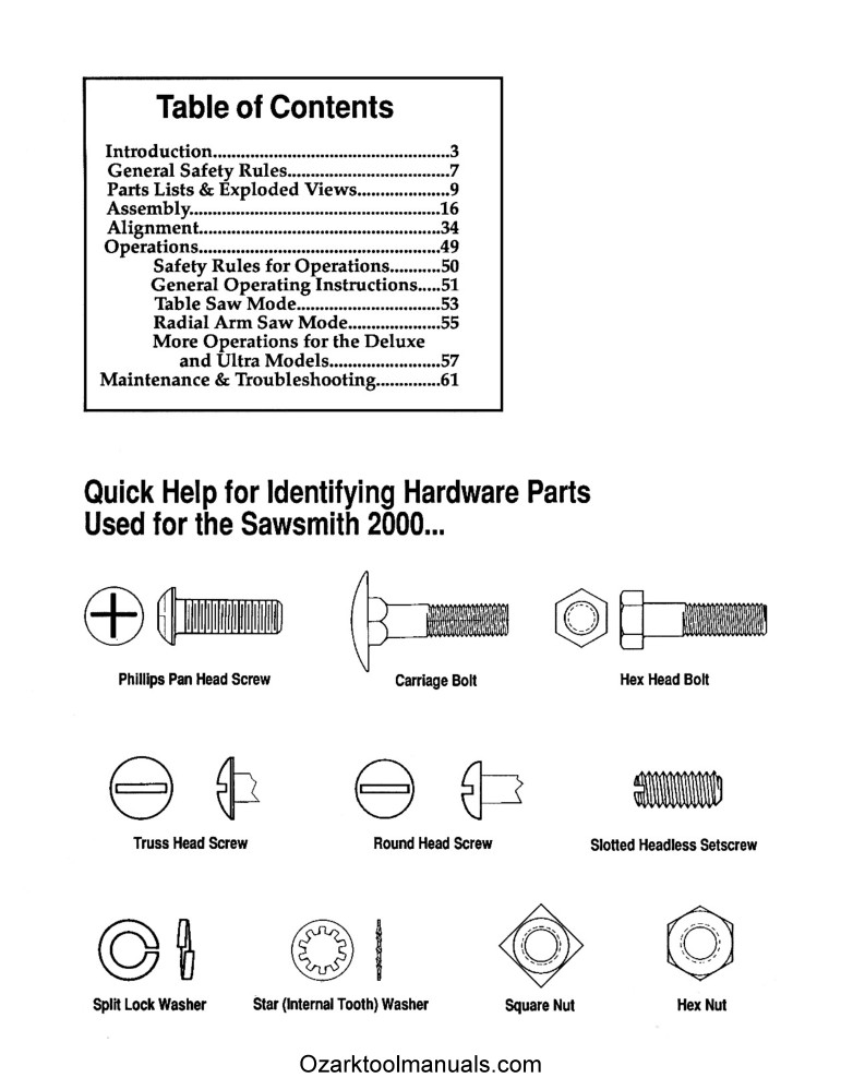 SHOPSMITH Sawsmith 2000 Table Saw Owner’s, Instructions, Parts Manual 1493