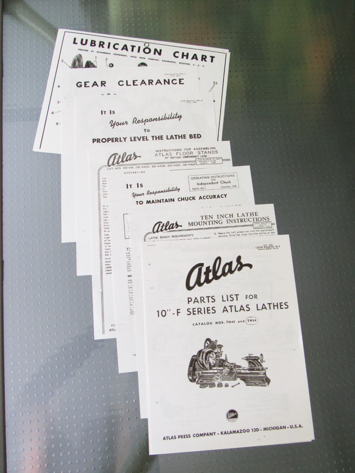 Vintage Atlas Lathe 10F Parts List, Leveling, Lubrication Chart – 7 Documents