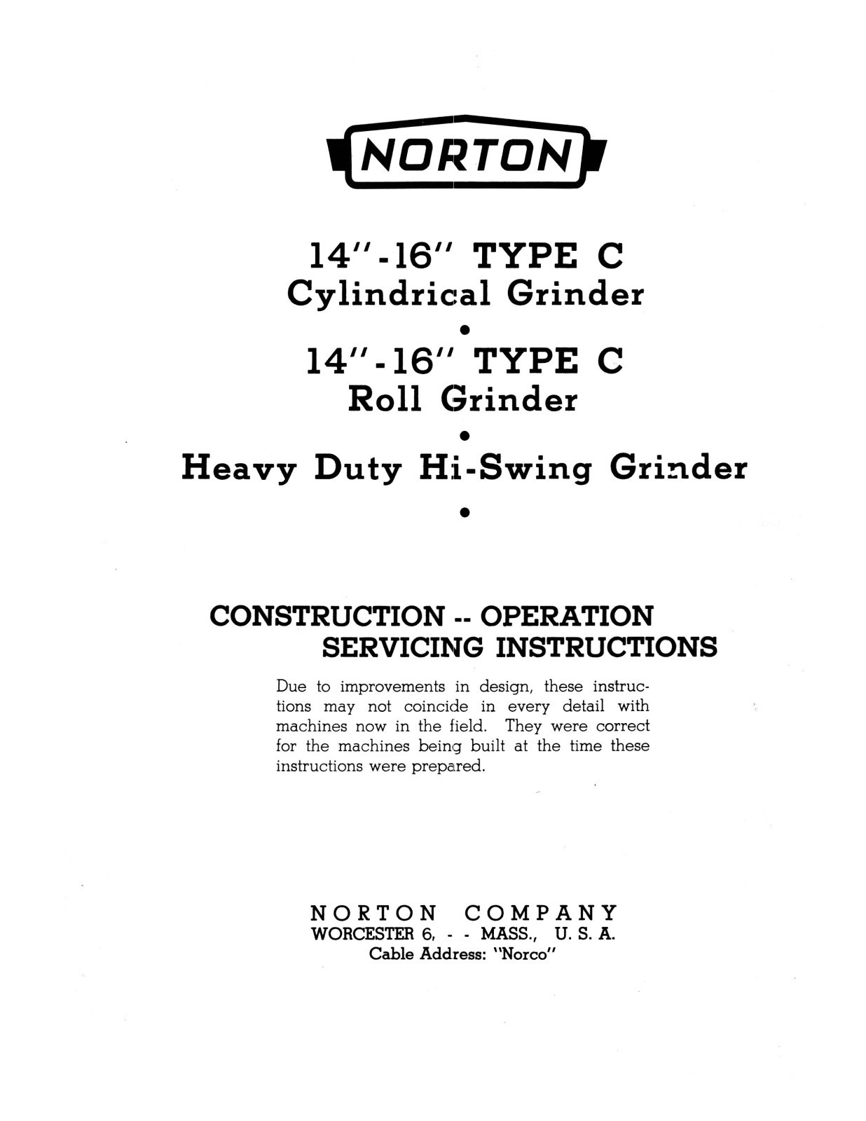 Norton 13″-16″ Type C Roll & Cylindrical Grinder Operating-Service Manual #1045