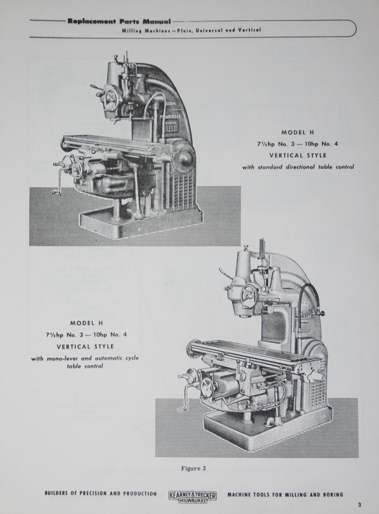 KEARNEY &TRECKER Milwaukee Model 3H 4H Milling Machines Parts Manual