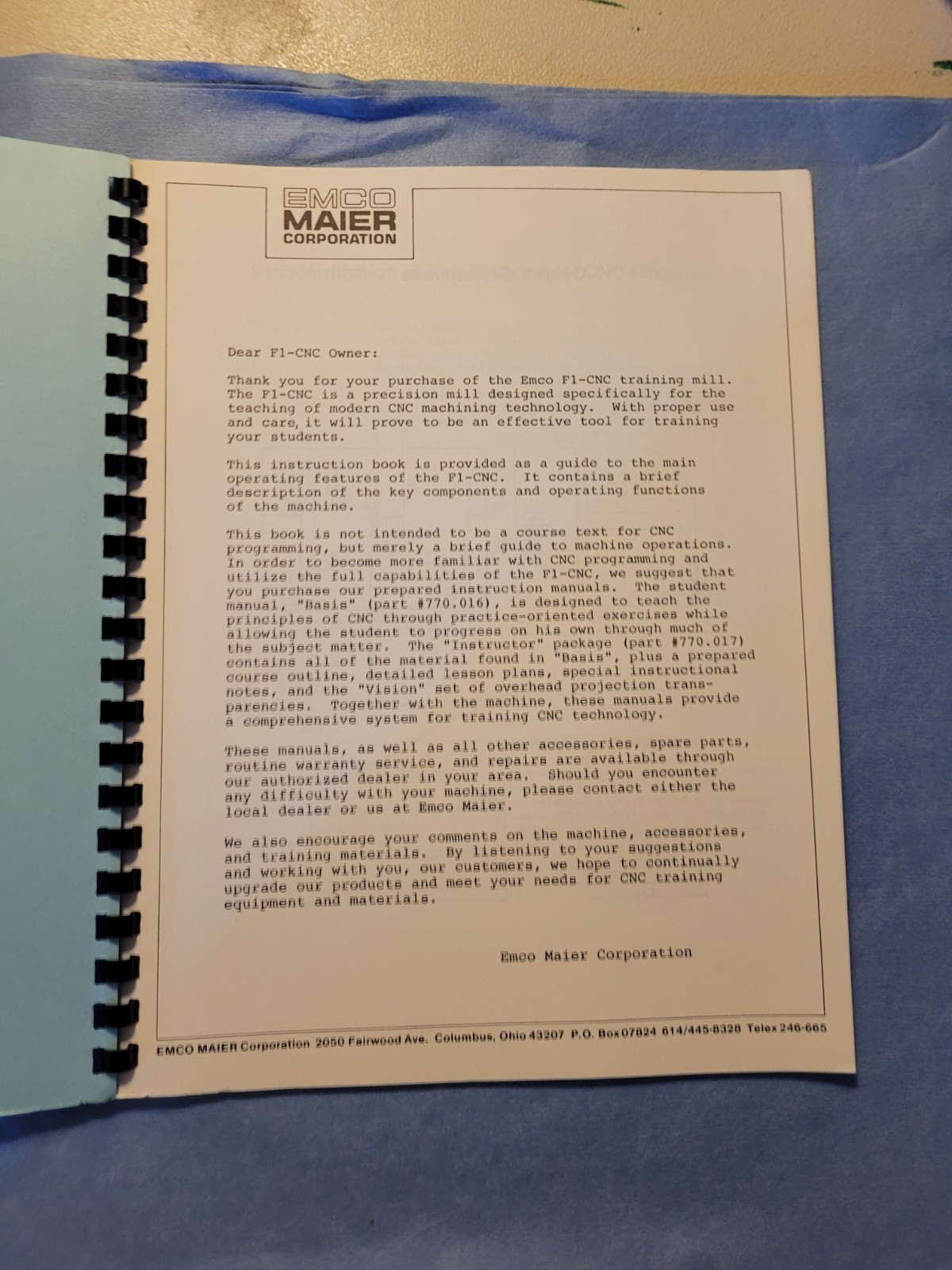 Emco F1 CNC Milling Machine Instruction Manual