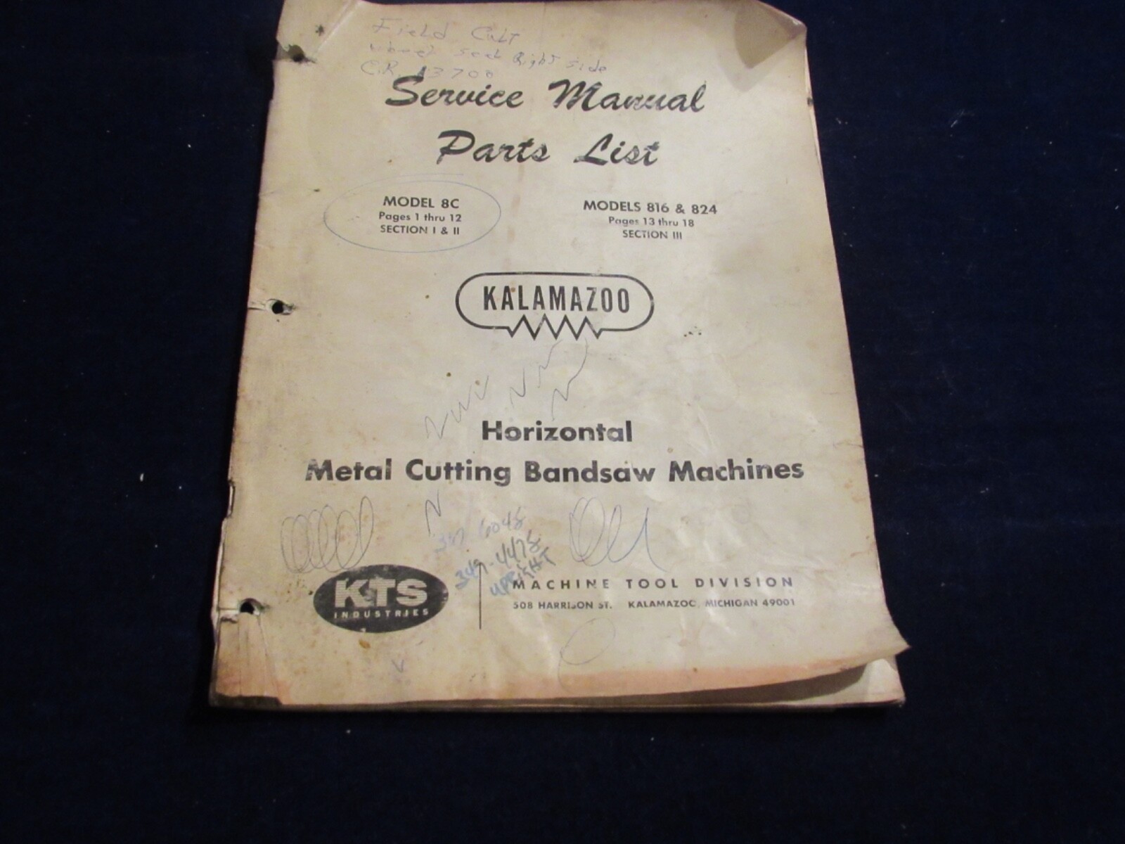 Kalamazoo Service & Parts Model 8C Metal Cutting Bandsaw Manual Q626