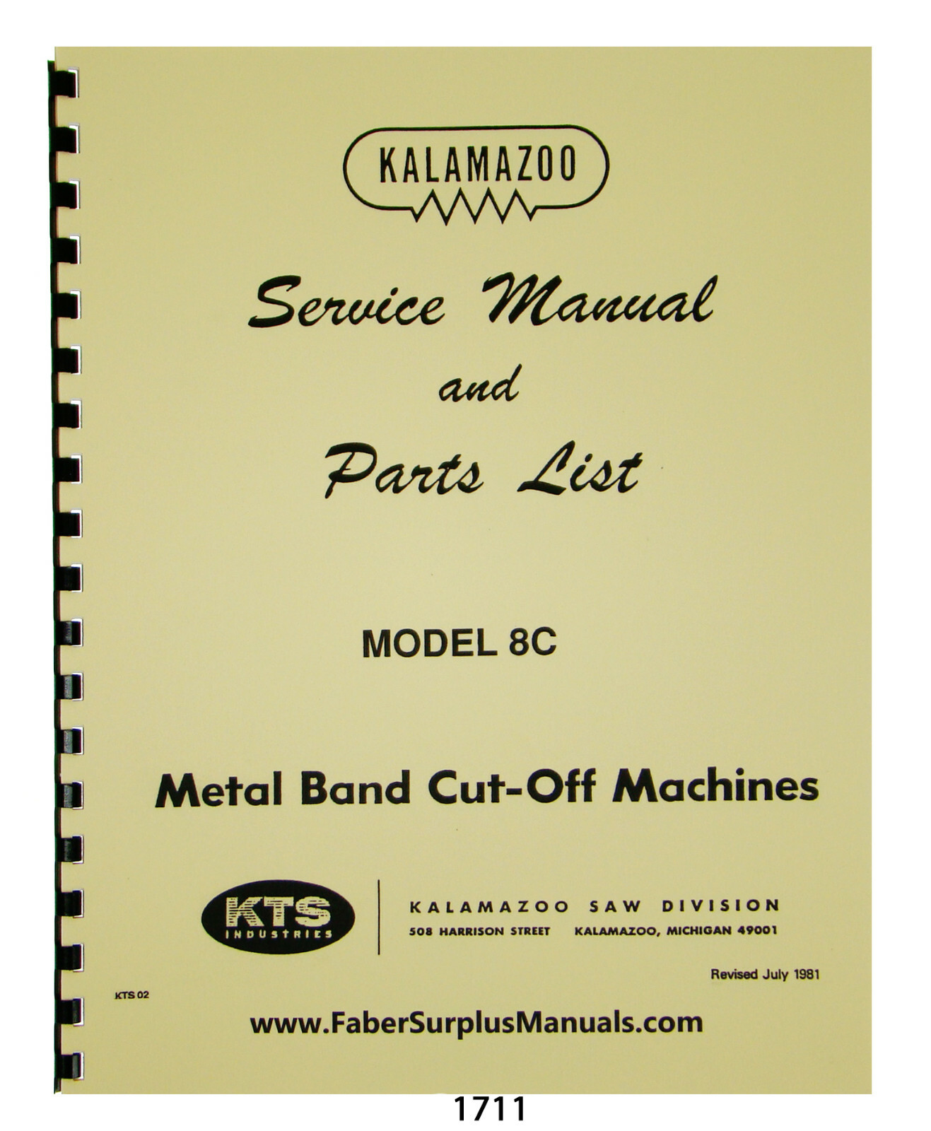 Kalamazoo 8C Bandsaw Service Manual & Parts List Manual #1711
