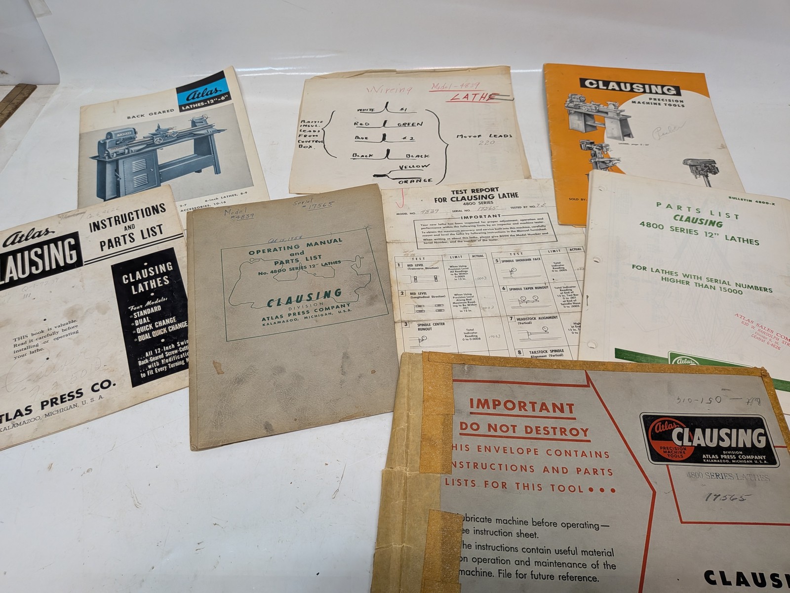 Atlas Clausing 4800 Series 12in Lathe Manuals Parts List Lot Model 4839