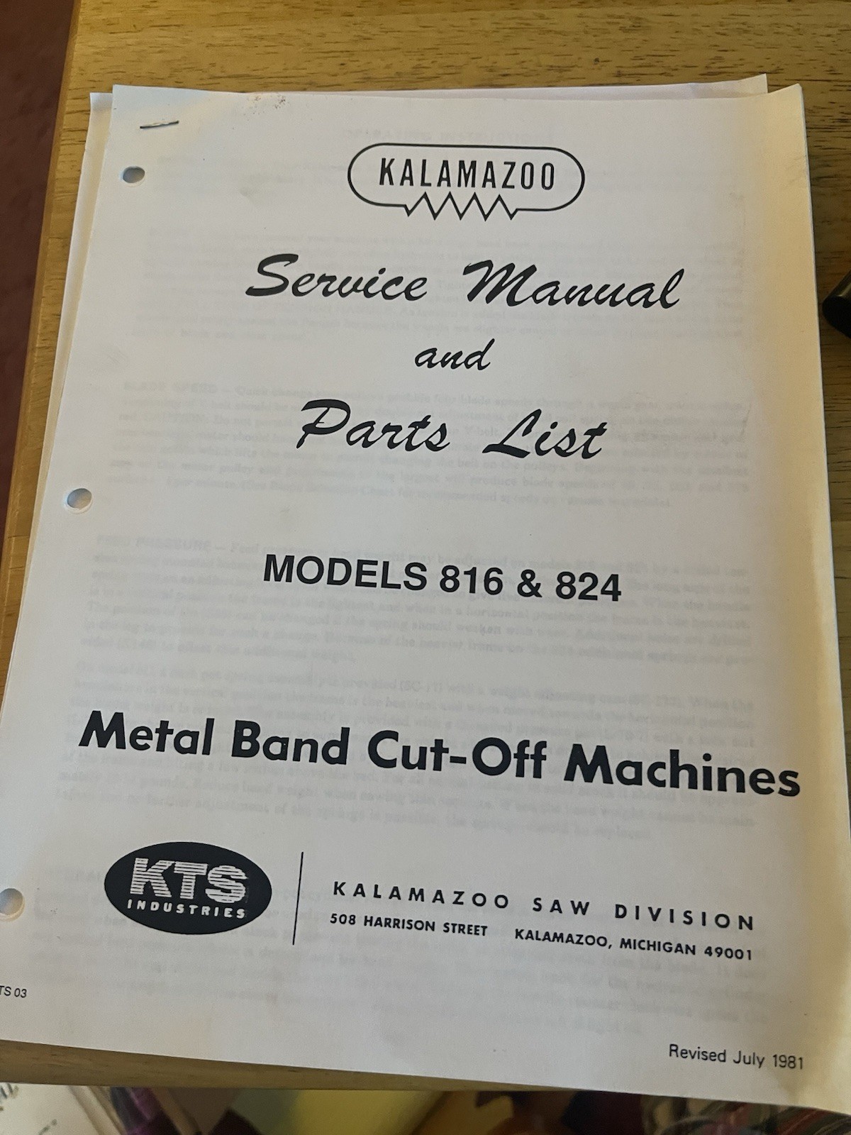 Service & Parts Manual Kalamazoo Model 816, & 824 Bandsaw – Printed copy