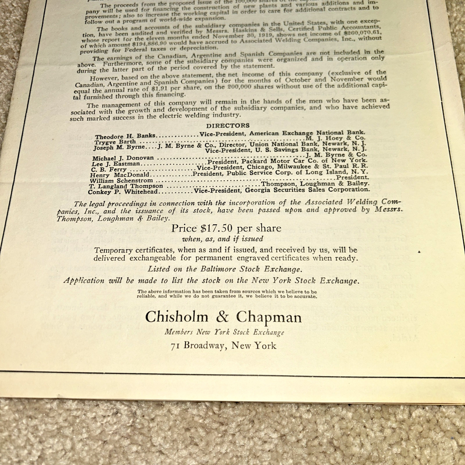 1920 ASSOCIATED WELDING COMPANIES Stock Offering Prospectus CHISHOLM & CHAPMAN