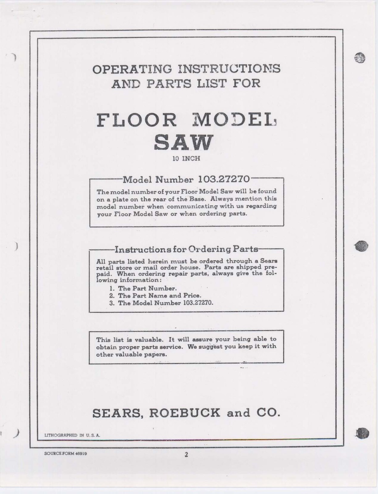 10in Tilt-Arbor Table Saw Operator Inst. & Parts Manual Fits Craftsman 103.27270