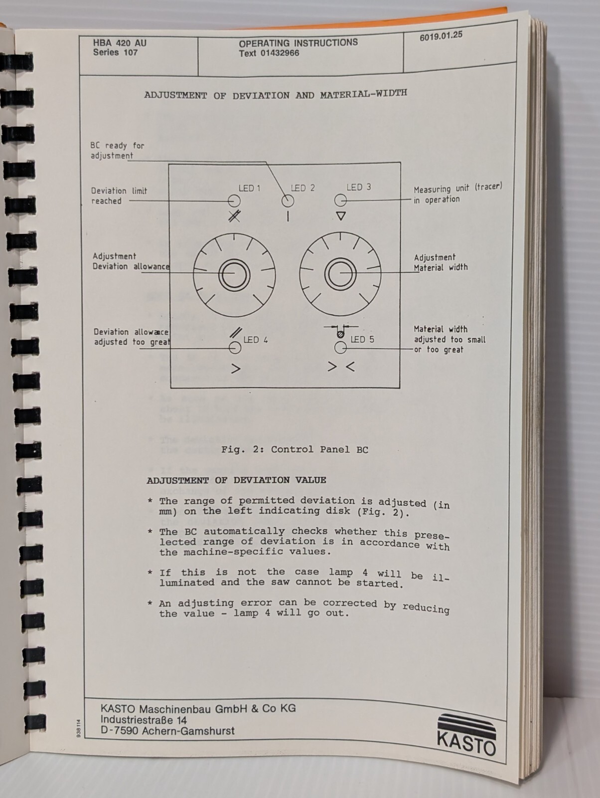 Vintage Kasto HBA-420-AU Series 107 CNC Bandsaw Operating Instructions Manual