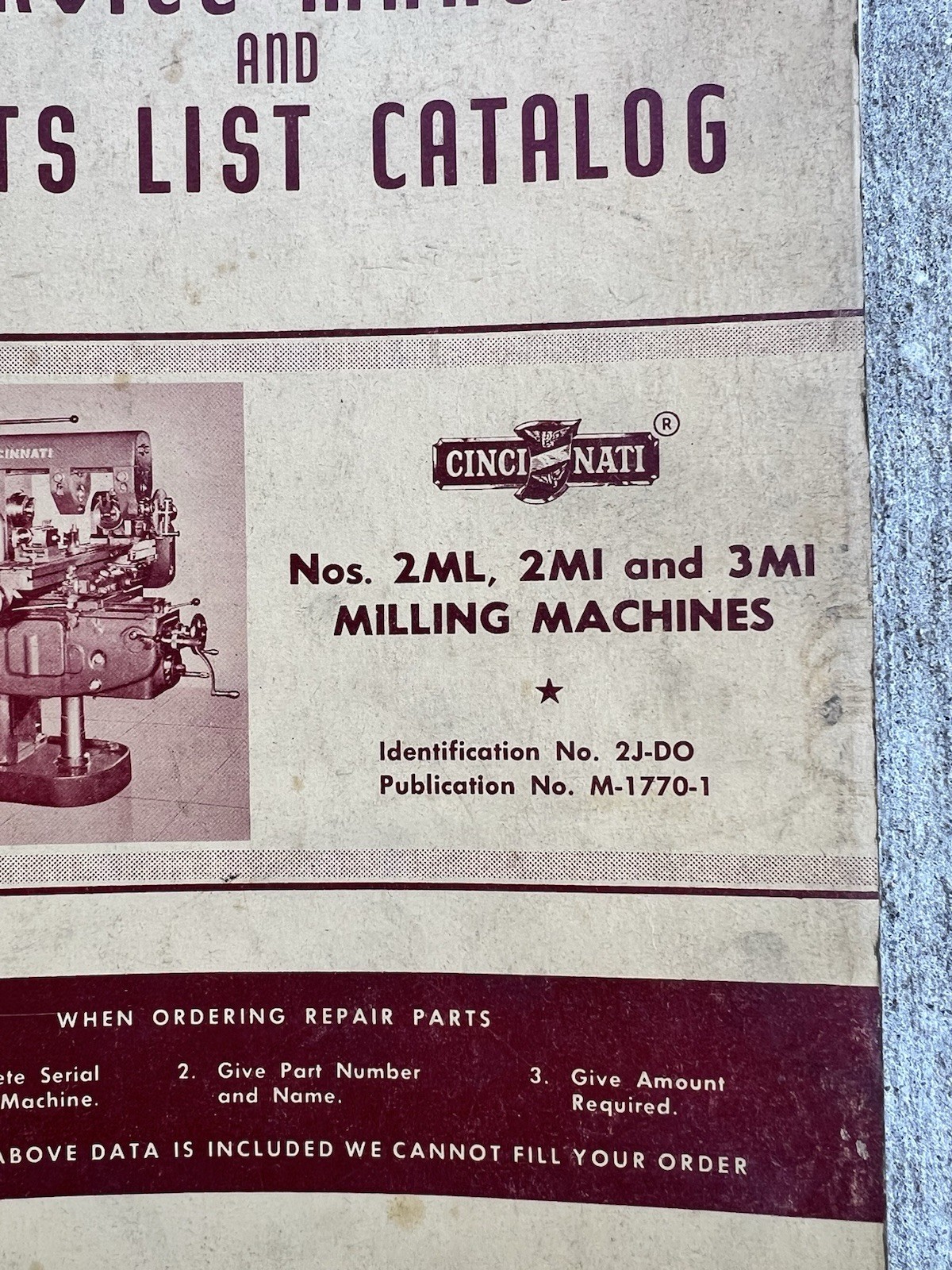 Cincinnati 2ML 2MI 3MI Milling Machines Service Manual Parts List