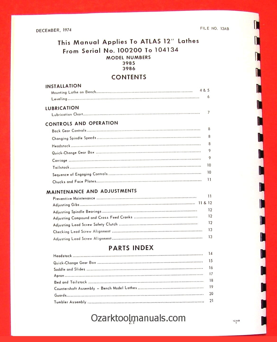 ATLAS/CRAFTSMAN 12″ Bench Metal Lathe 3986 & 3985 Owner Parts Manual 0045