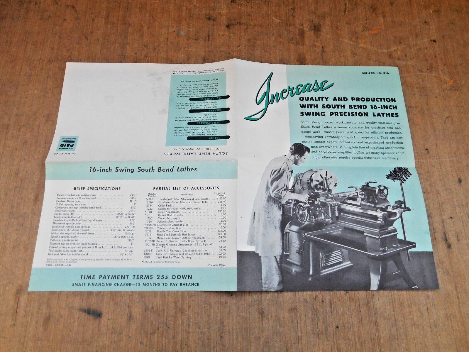 VTG. SOUTH BEND LATHE MAILERS & FLYERS , 1947 , 1958 , 1961 , LOT OF 4