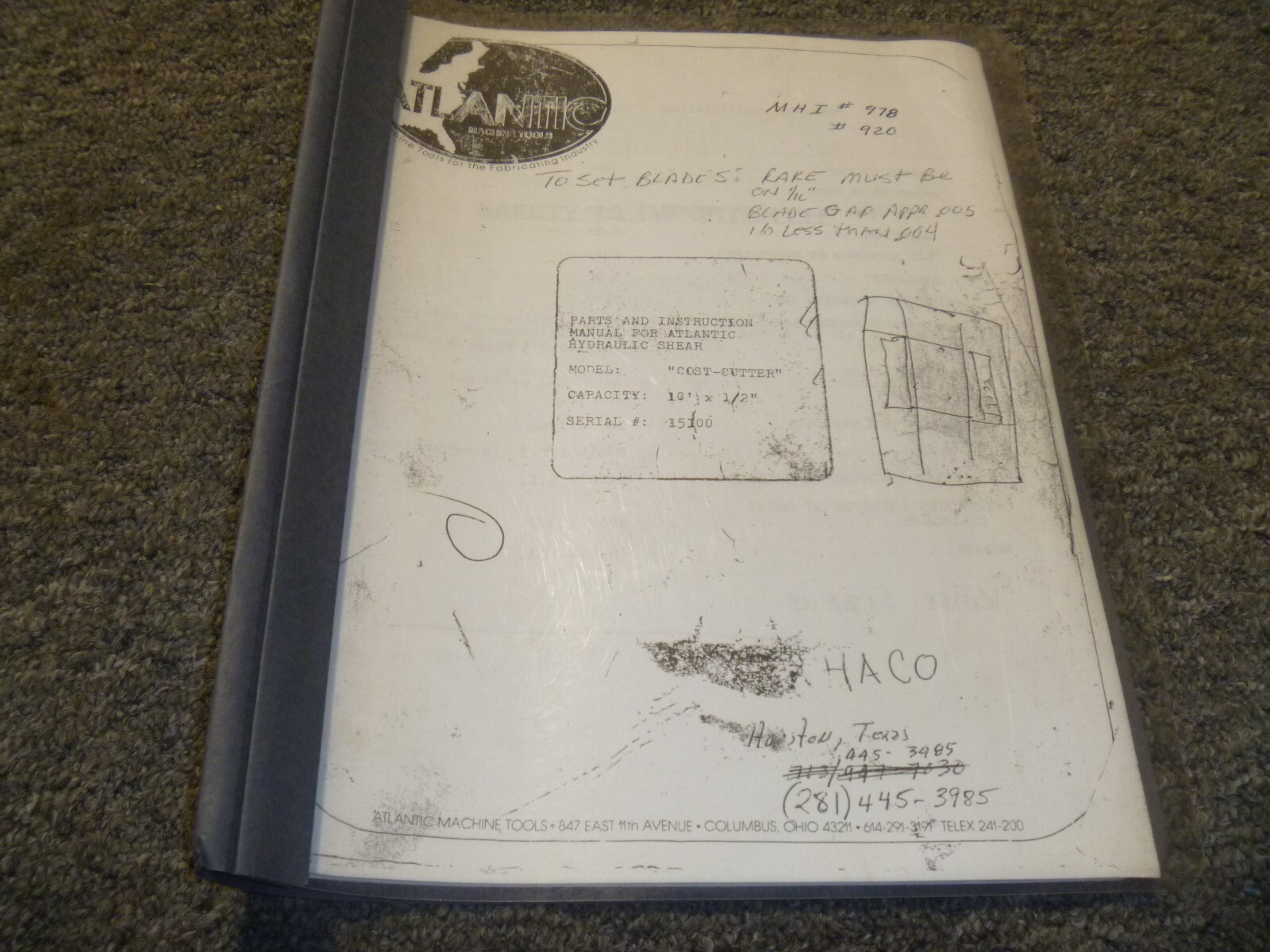 Atlantic COST-CUTTER Hydraulic Shear Parts List & Operator Instruction Manual xz