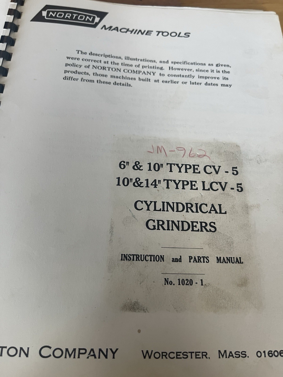 Norton Machine Tools Instruction and Parts Manual Cylindrical Grinders