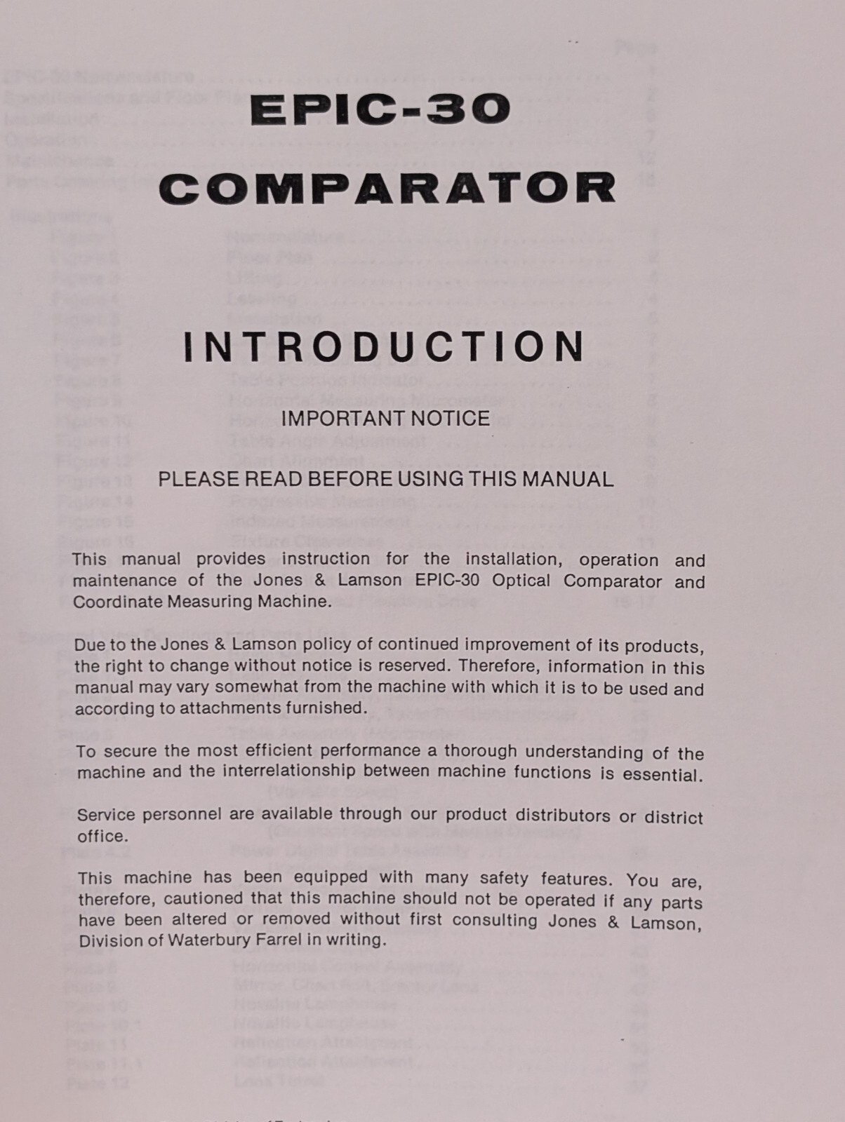 Jones & Lamson Parts & Service Manual for Epic-30 Optical Comparator