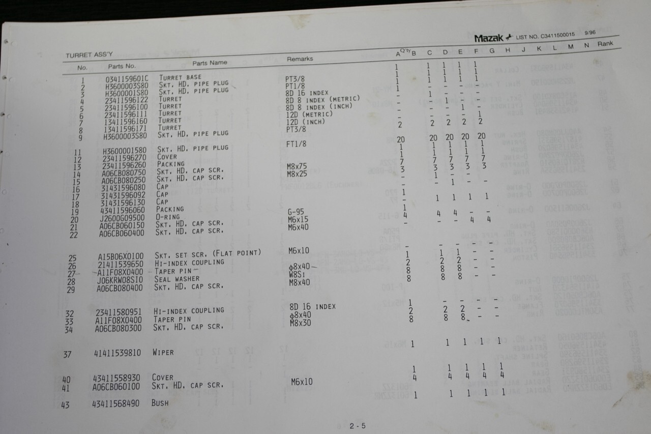 Mazak CNC Lathe Mechanical Parts List Quick Turn QTN-20 11″ x 17″ Format