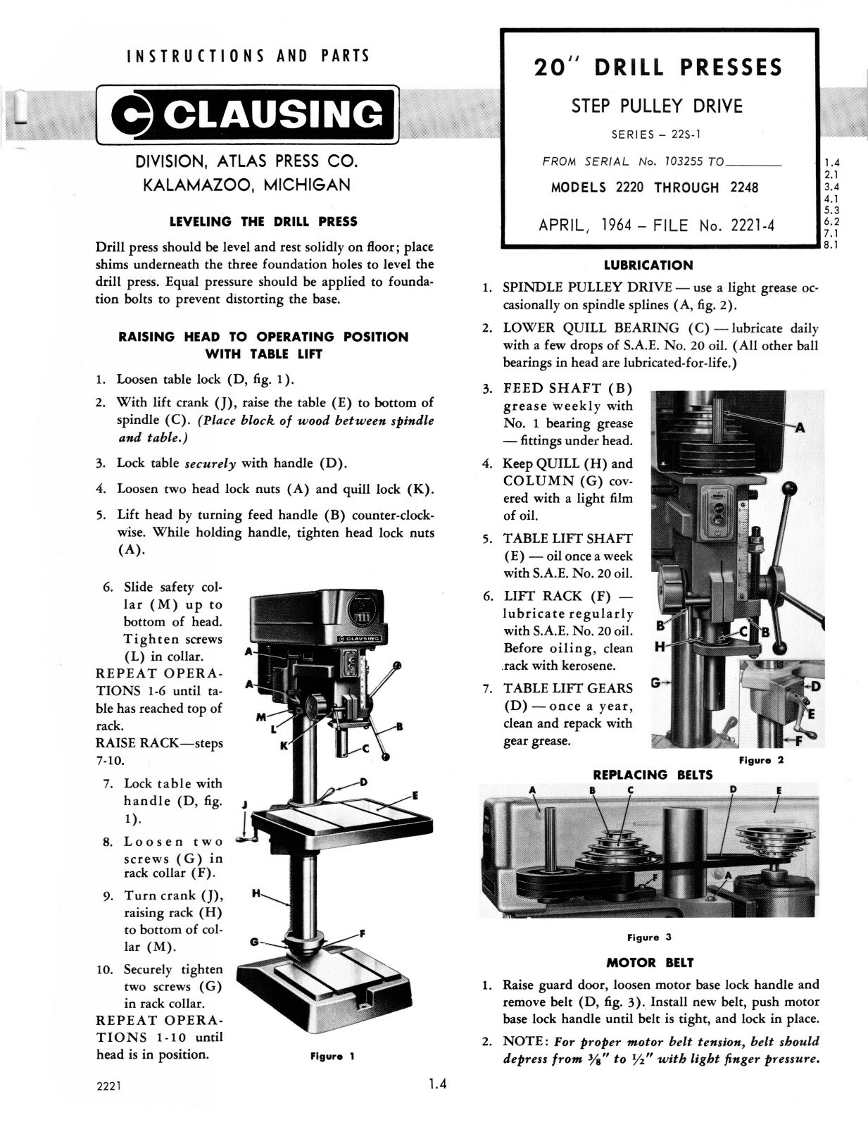 Clausing 20″ Drill Press Step Pulley Series 22S-1 Instruct & Parts Manual #1875