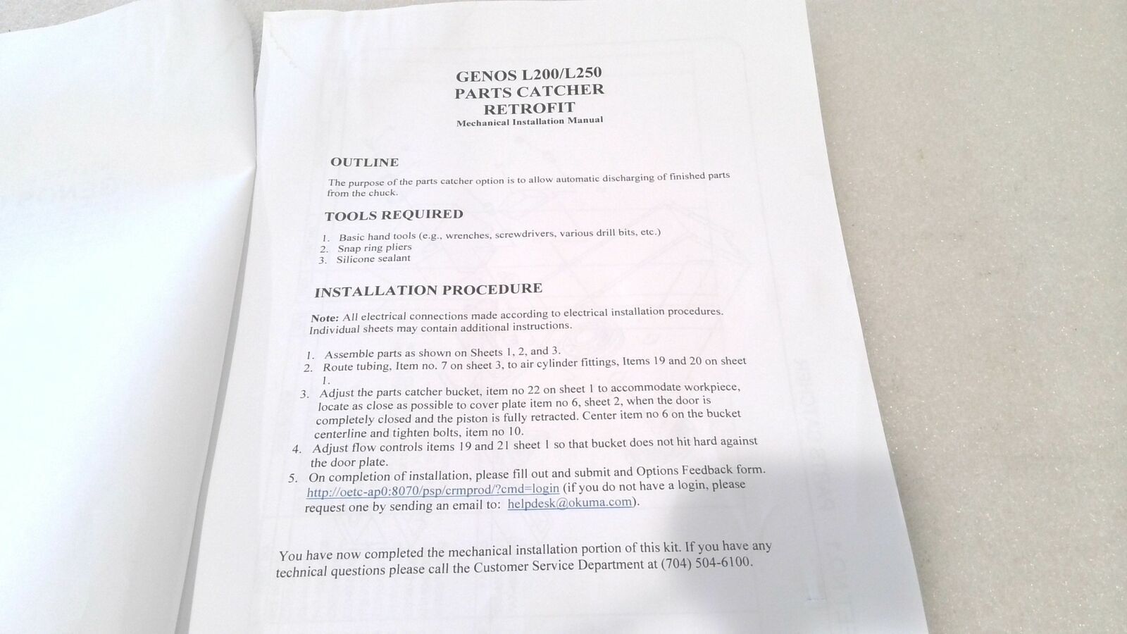 CNC LATHE GENOS L200/L250 PARTS CATCHER MECHANICAL RETROFIT MANUAL P-K5D1-003-E-