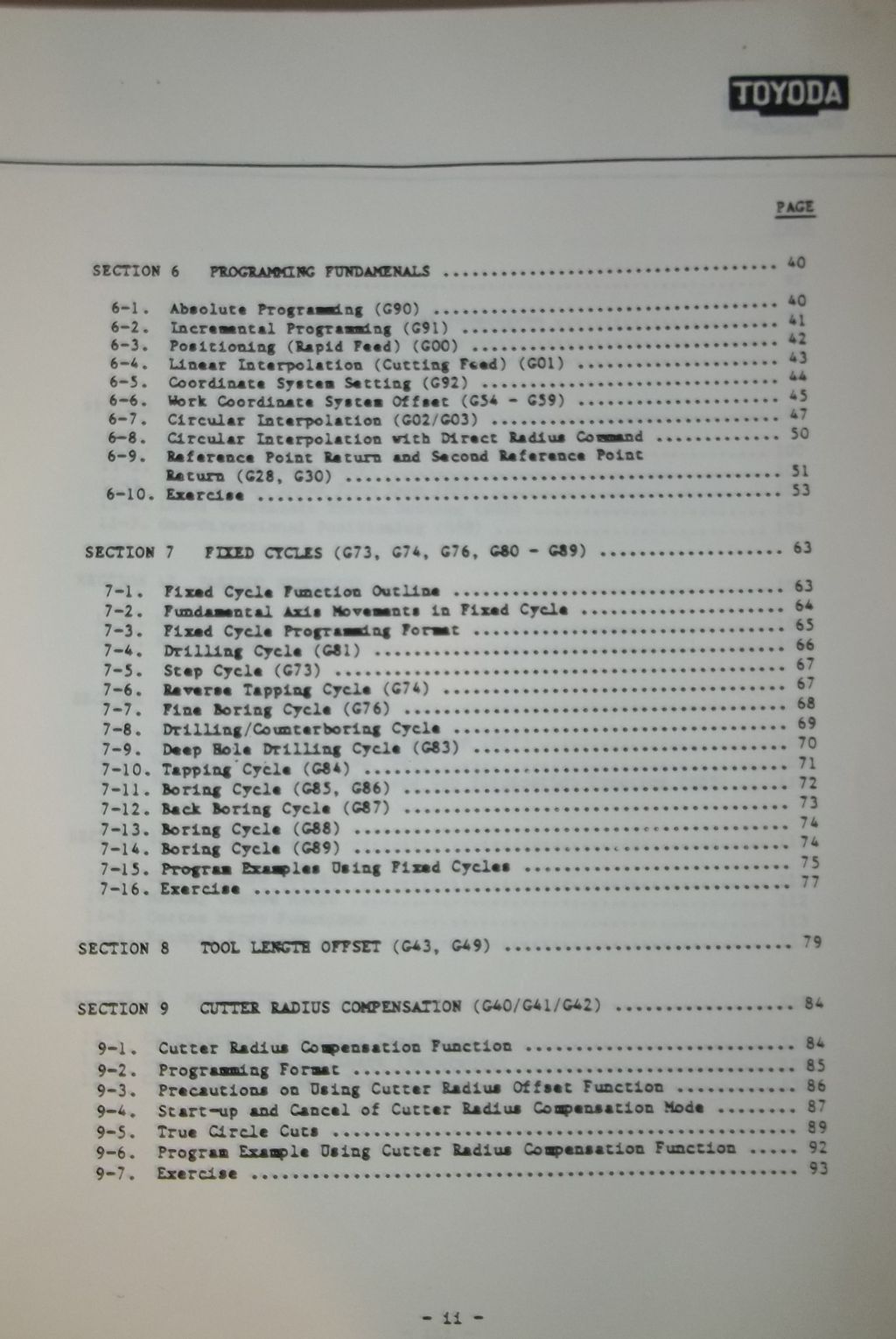 Toyoda Horizontal Spindle Machining Center FH40/45/50/55 Programming Manual