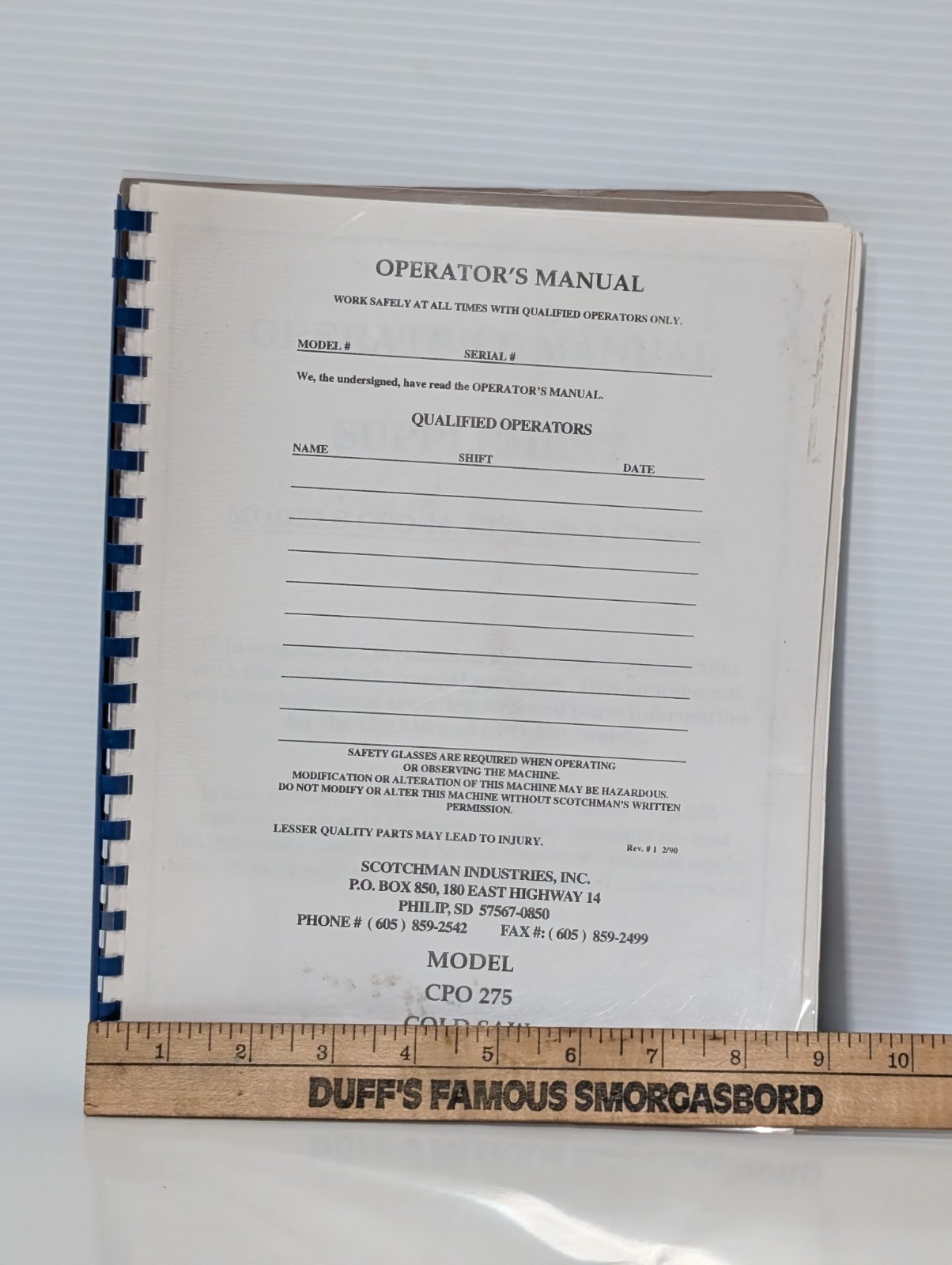 Scotchman Industries Model CPO-275 Cold Saw 1997 Operator’s Manual w/ Supplement