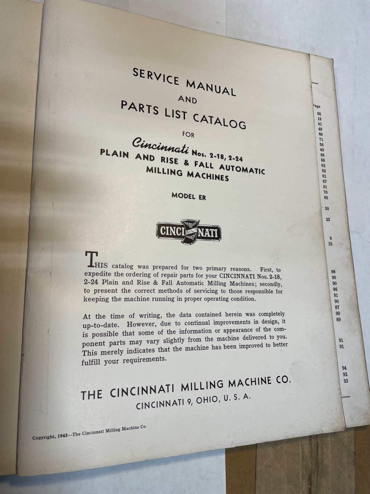 Cincinnati Nos 2-18, 2-24 Milling Machine Model ER Service & Parts Manual
