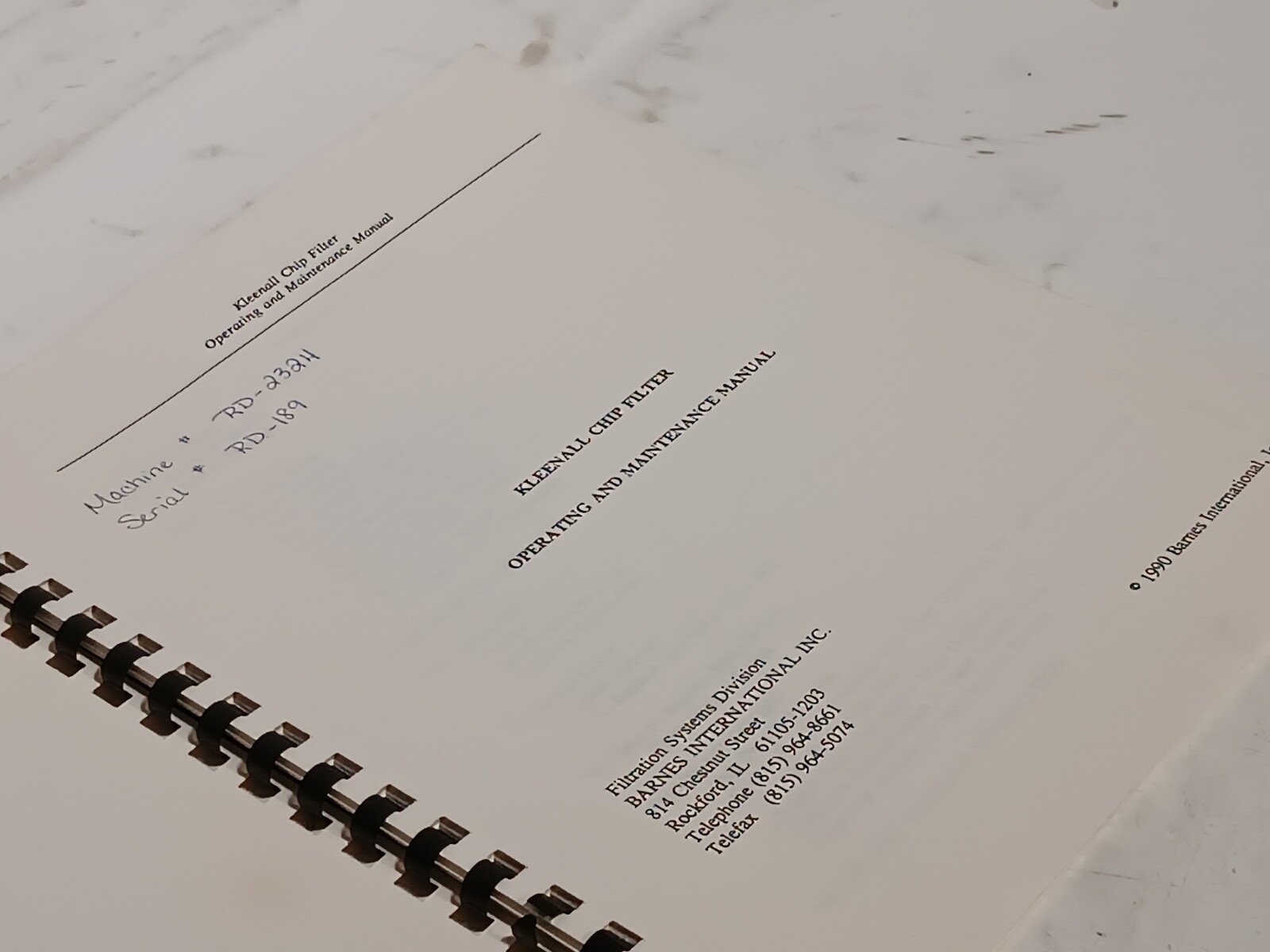 Barnes Kleenall Chip Filter Machine Operation & Maintenance Manual, as shown