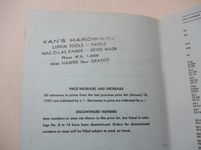1959 LUFKIN Precision Tools Catalog # 8 & Price List, Van’s Hardware, EC