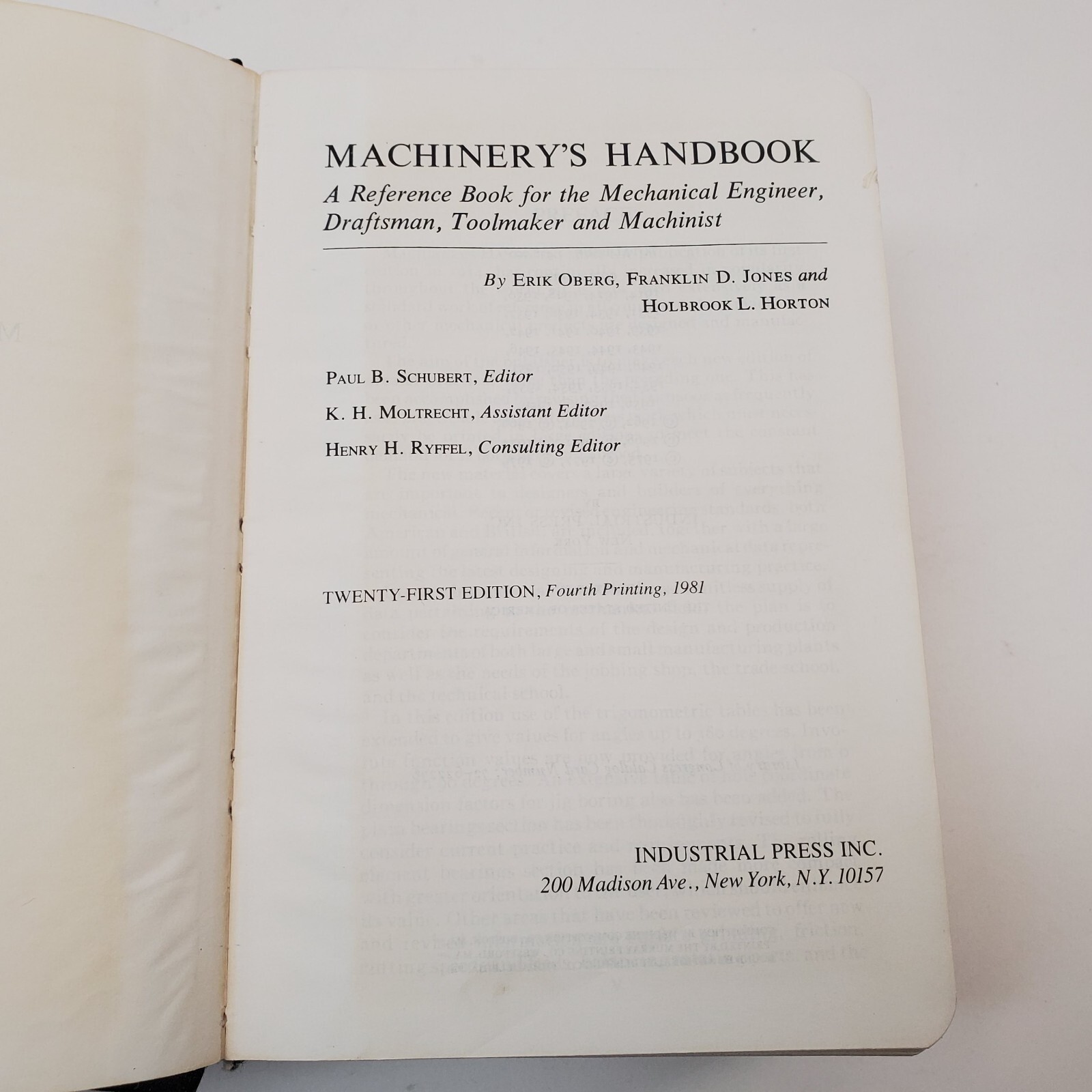 MACHINERY’S HANDBOOK 21st Edition, 1980, Industrial Press Inc, 2482 Pages