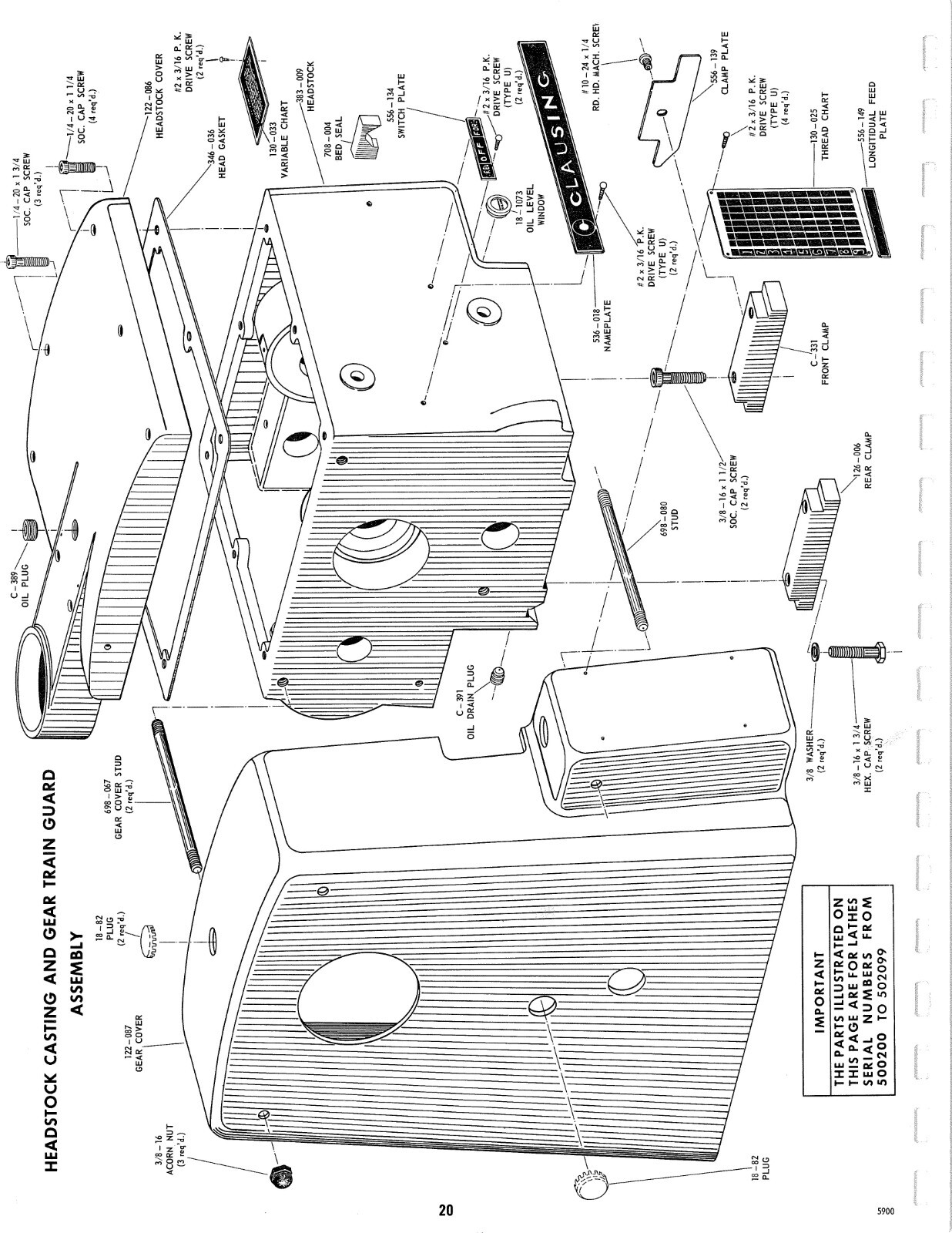1963 Operator instruction Maint Manual Clausing 12″ inch Lathe 5900 Series