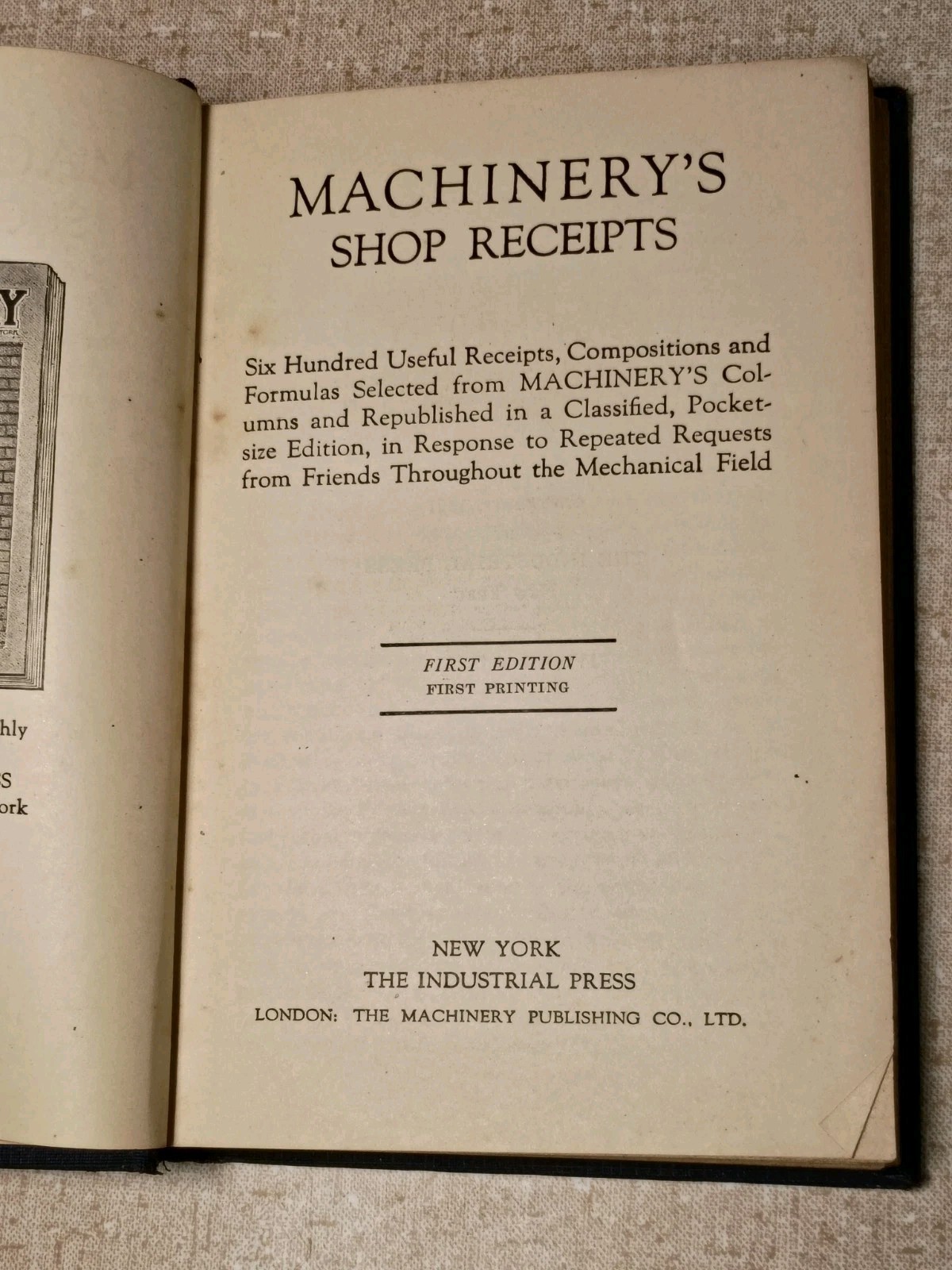 First Edition First Printing Machinery’s Shop Receipts Industrial Press New York