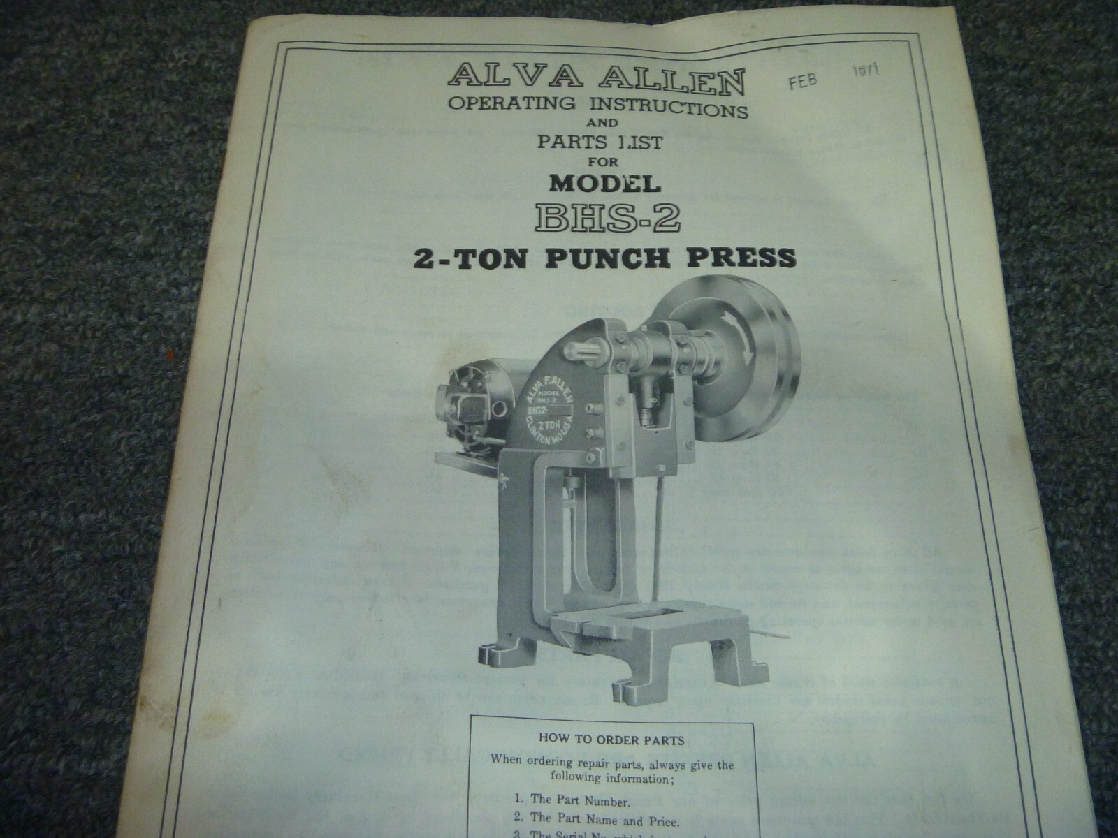 Alva Allen BHS-2 2-Ton Punch Press Parts Catalog & Operator Instruction Manual