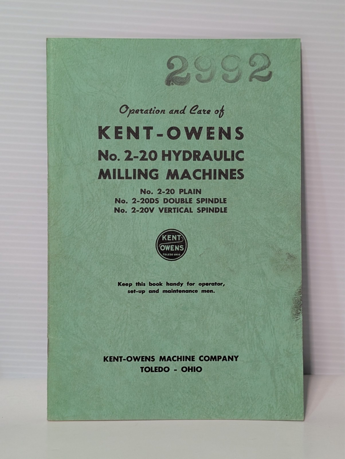 Kent-Owens No. 2-20 Hydraulic Milling Machine Manuals Set, Free USA Ship