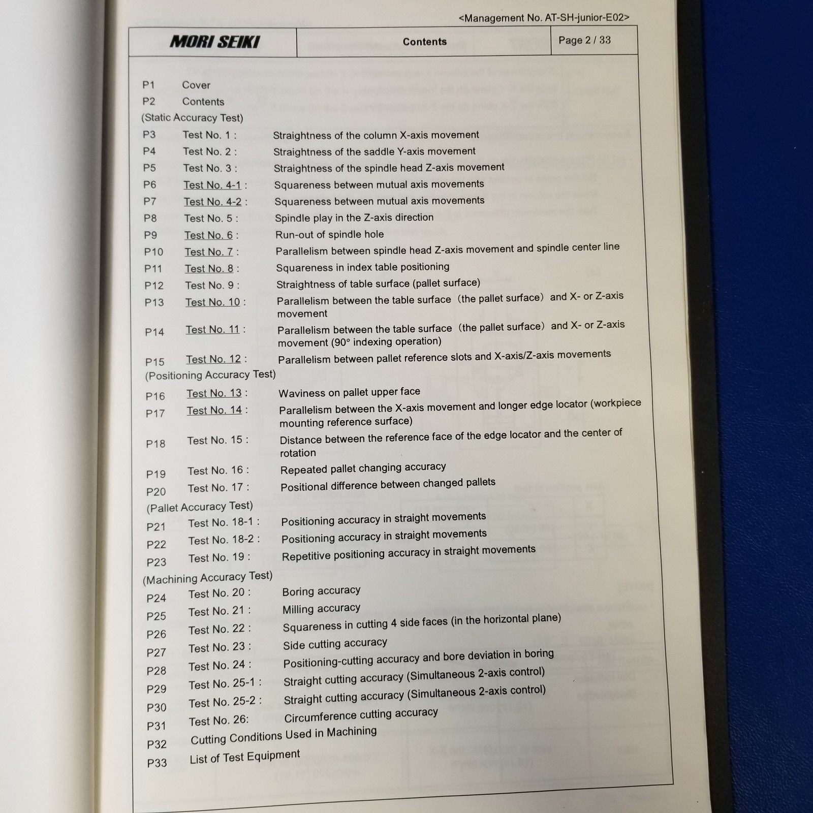 Mori Seiki SH-JR Accuracy Test Results Manual Model SH-JRCD0107 2003 Full Conten
