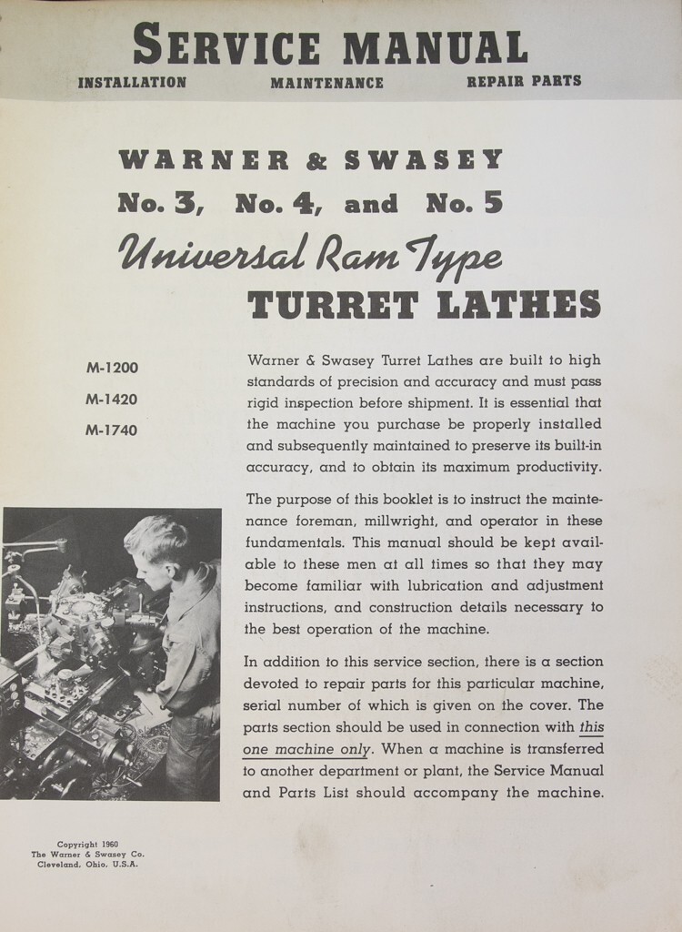 Warner & Swasey NO. 3, M-1200 – Start Lot 1, Turret Lathe, Service Manual 1960