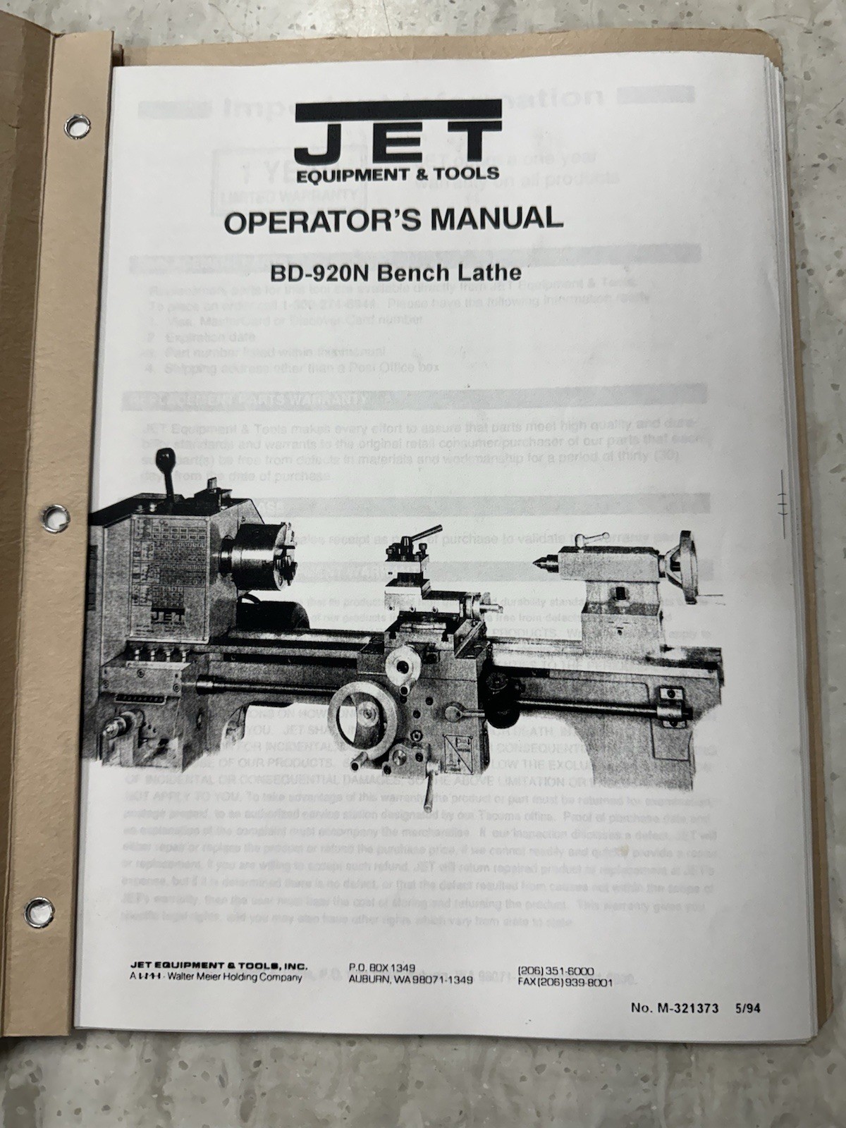 Jet BD-920N Bench Lathe Owner Operator Instruction Manual User Guide