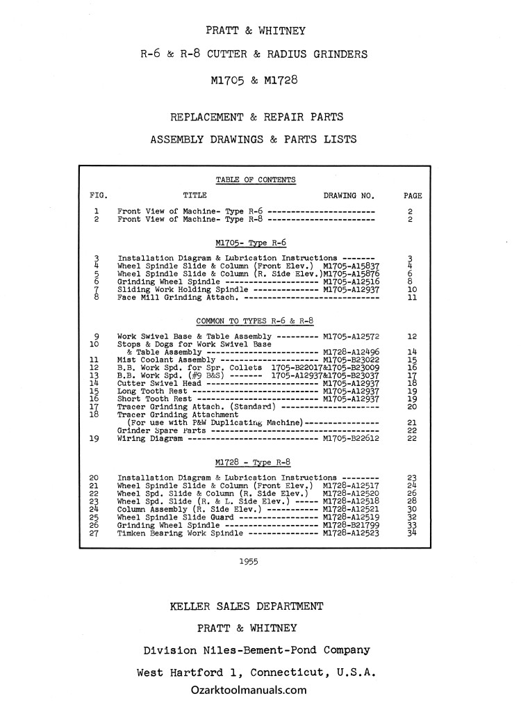 Pratt & Whitney R-6 & R-8 Tool Cutter Radius Grinders Parts Manual Wiring 1304
